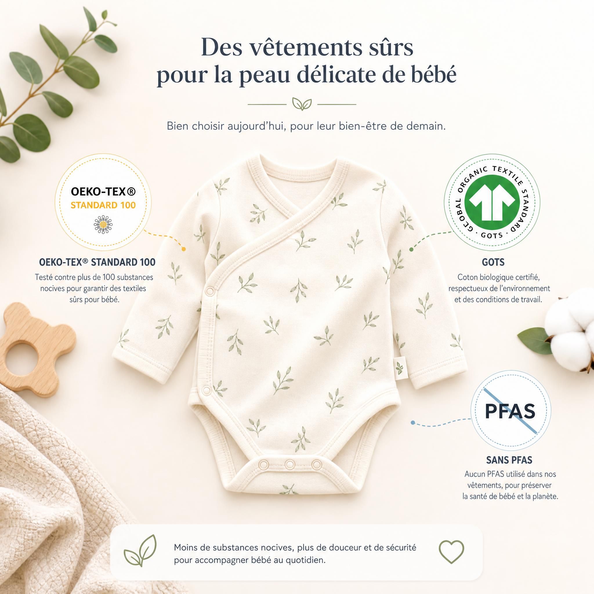 Illustration d'un vêtement bébé avec symboles de labels de sécurité OEKO-TEX, GOTS et absence de PFAS, pour guider les parents dans leurs choix