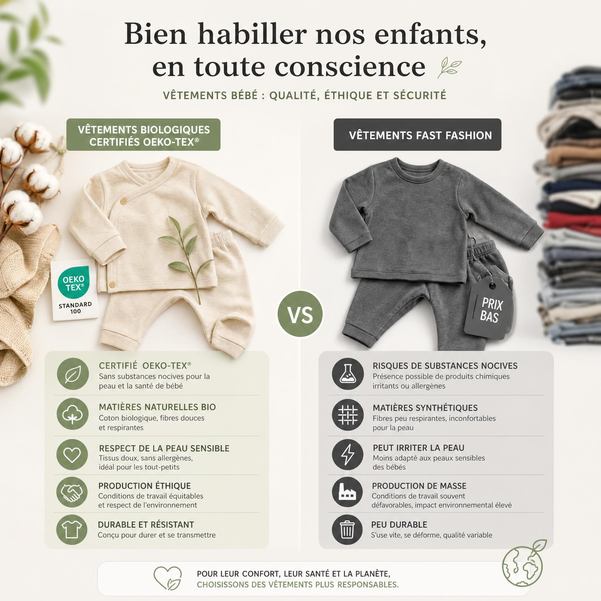Comparaison vêtements bébé biologiques certifiés OEKO-TEX versus vêtements fast fashion pour enfant — qualité éthique et sécurité