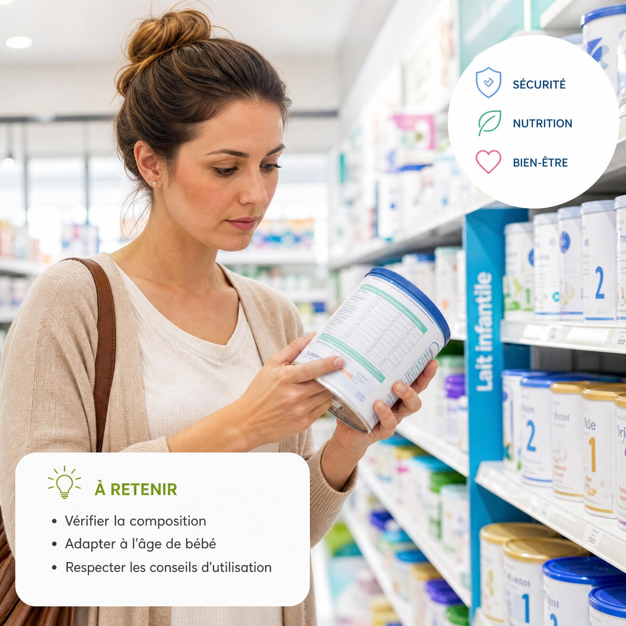 Mère attentive lisant les étiquettes d'un lait infantile en pharmacie, sécurité alimentation bébé santé