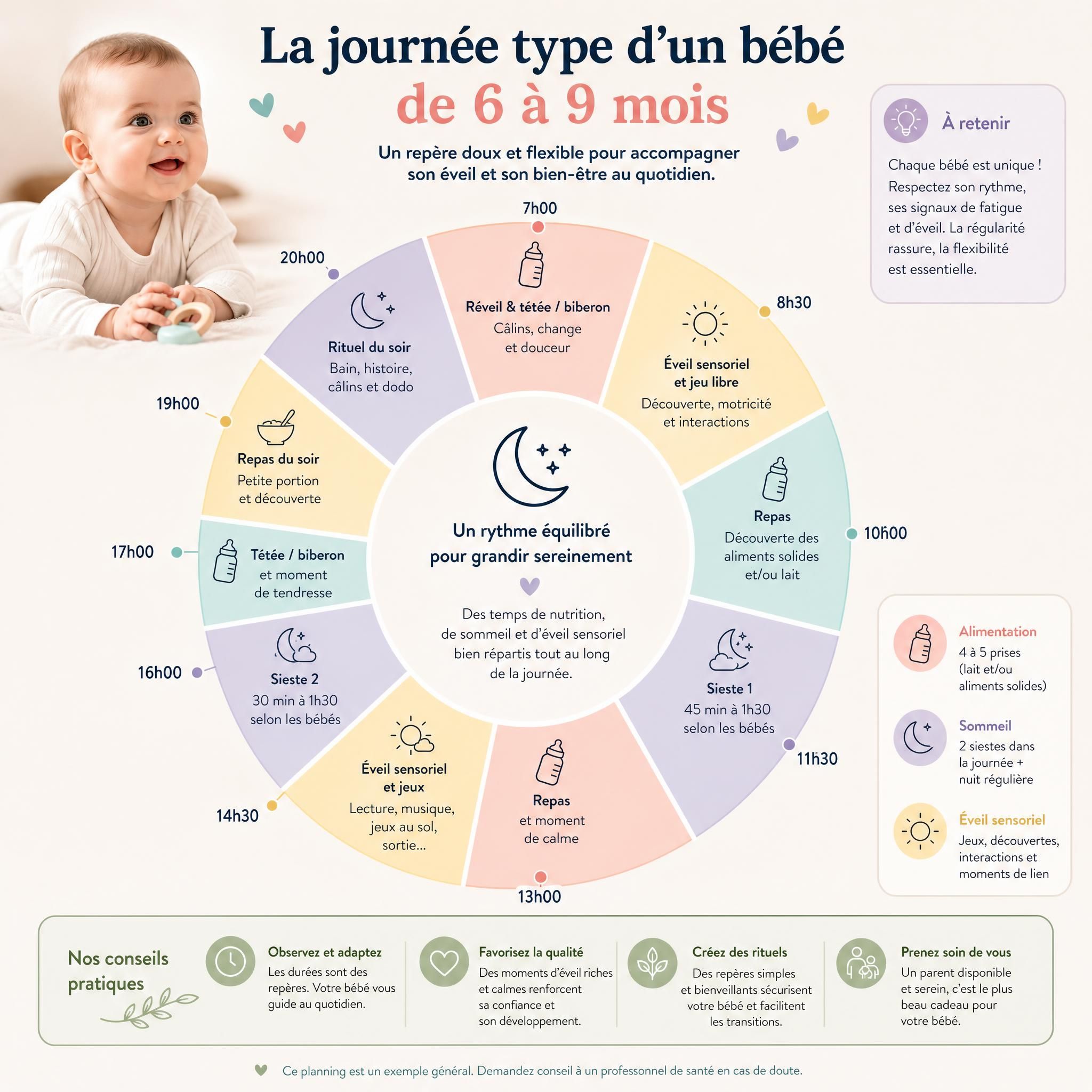 Infographie visuelle montrant la journée type d'un bébé de 6-9 mois avec les temps d'alimentation, de sommeil et d'éveil sensoriel, guide pratique parents