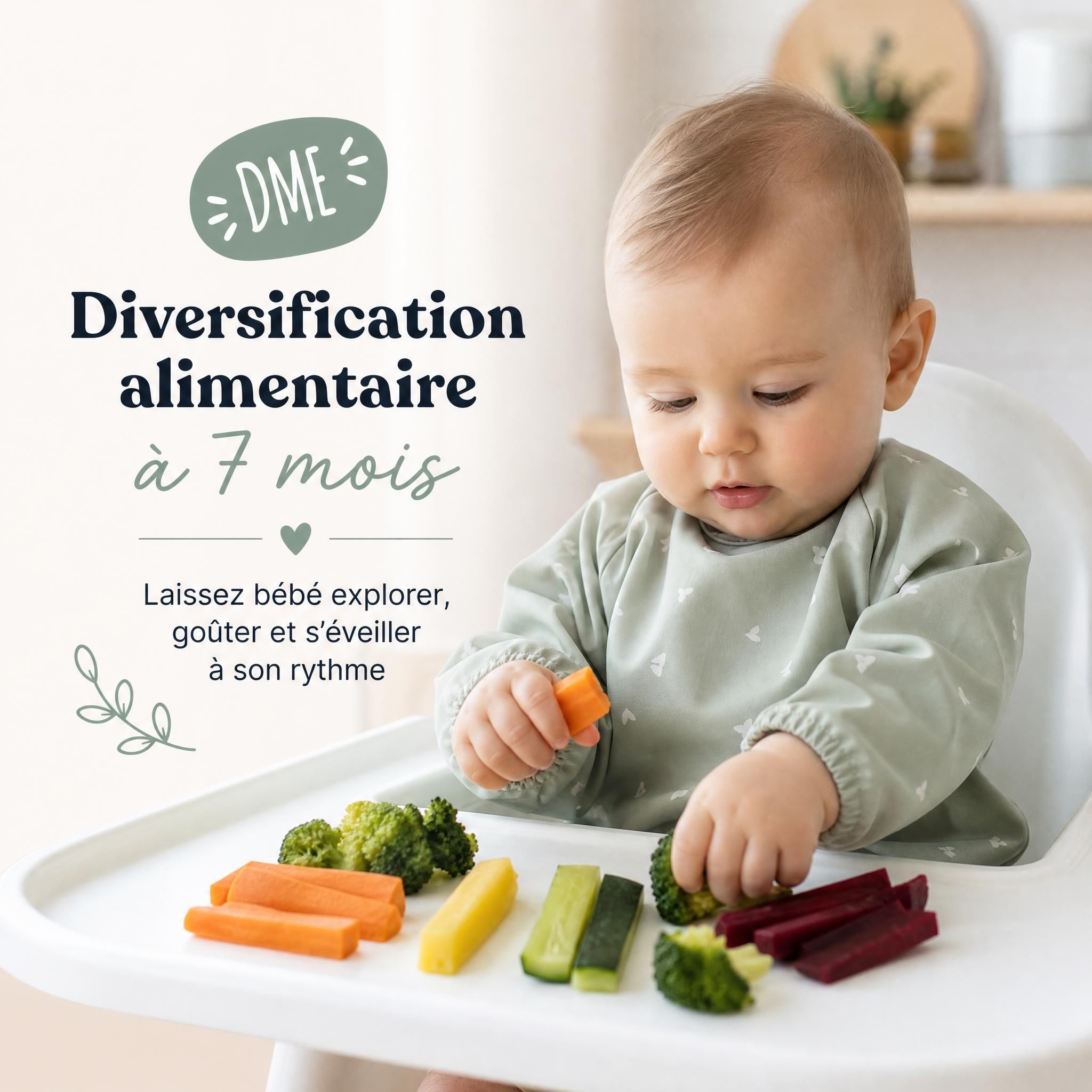 Bébé de 7 mois assis dans une chaise haute explorant des légumes colorés avec ses mains, diversification alimentaire bébé DME