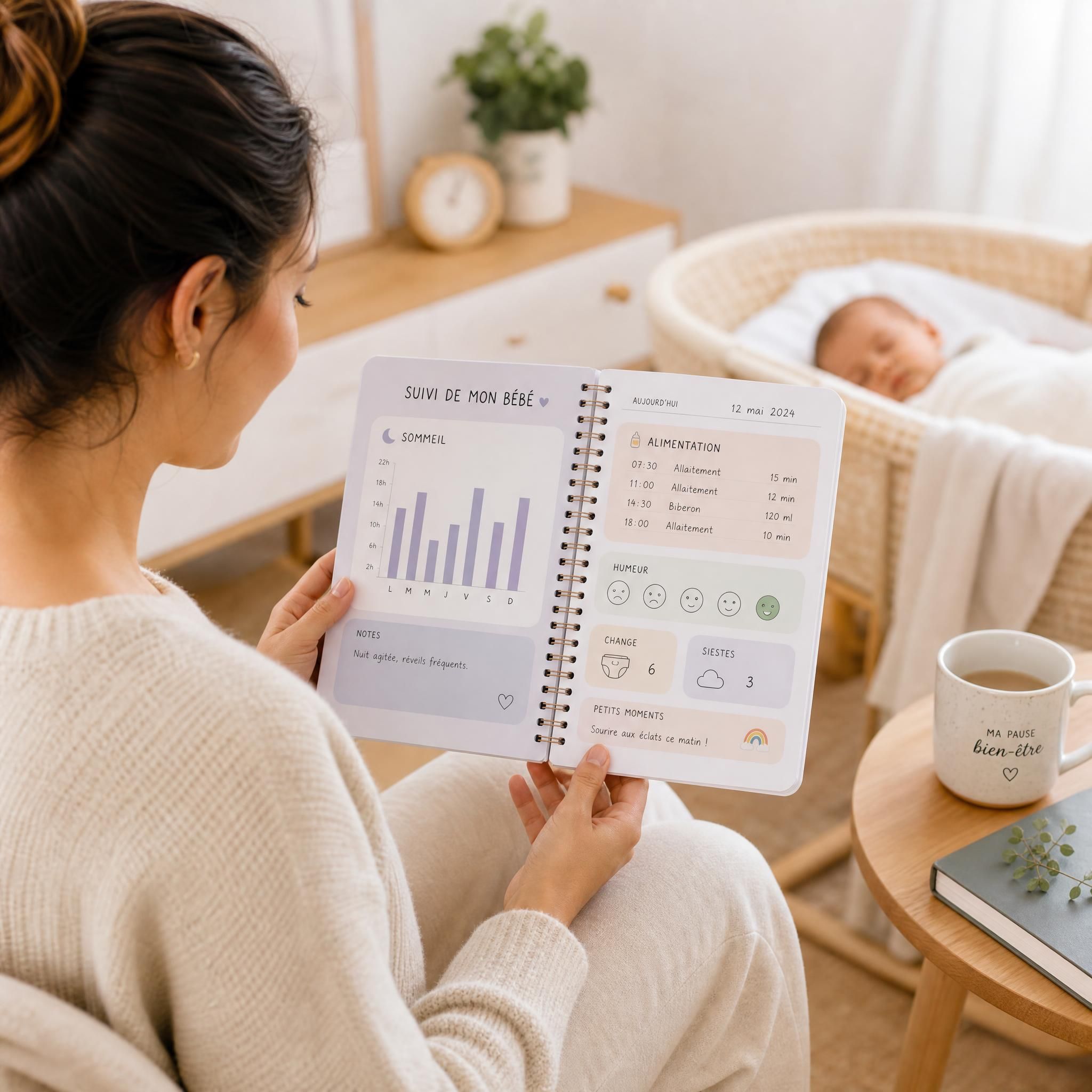 Mère tenant un carnet de suivi bébé avec des graphiques de sommeil et d'alimentation, routine bébé bien-être enfant