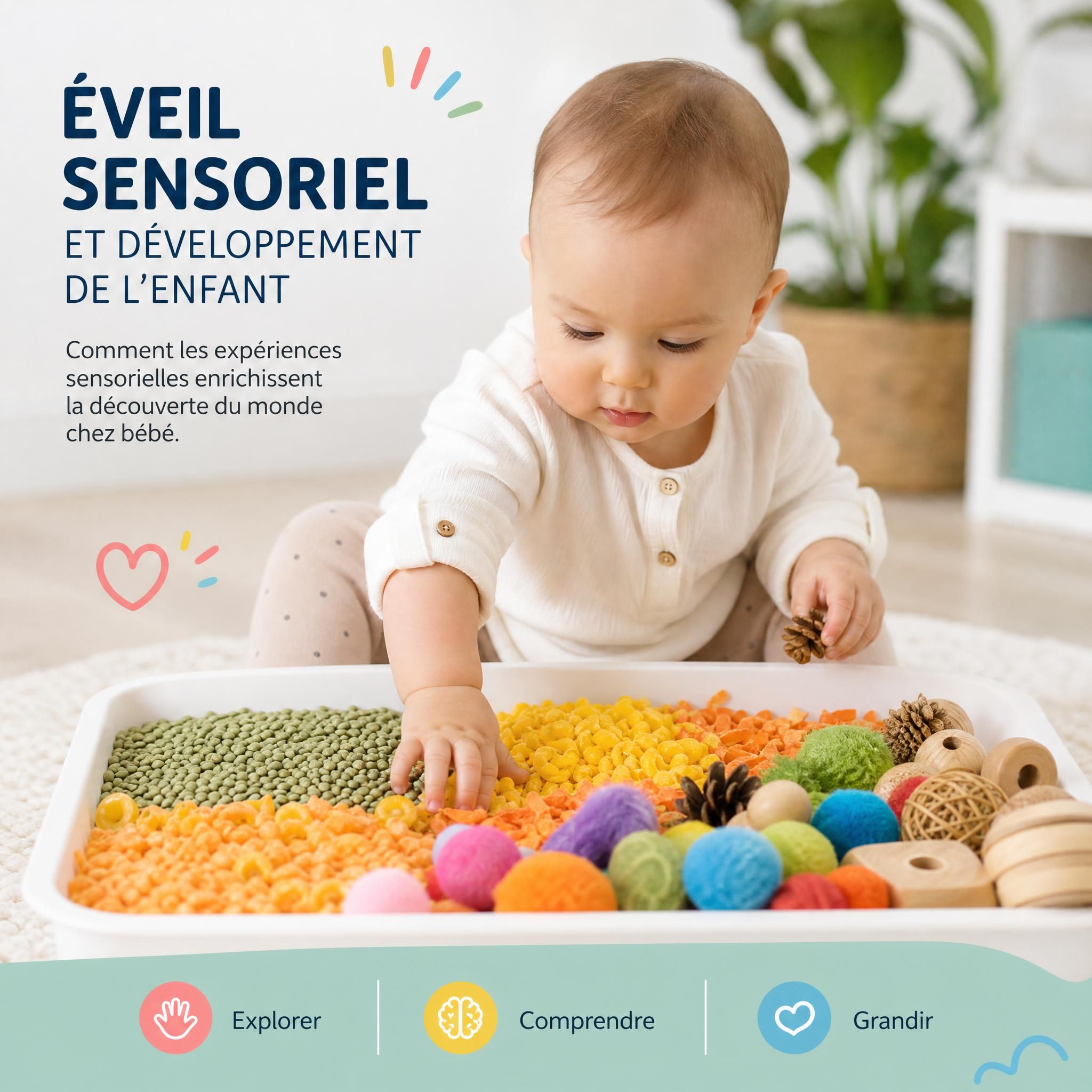 Bébé de 5 mois explorant un bac sensoriel coloré avec textures variées, éveil sensoriel développement enfant