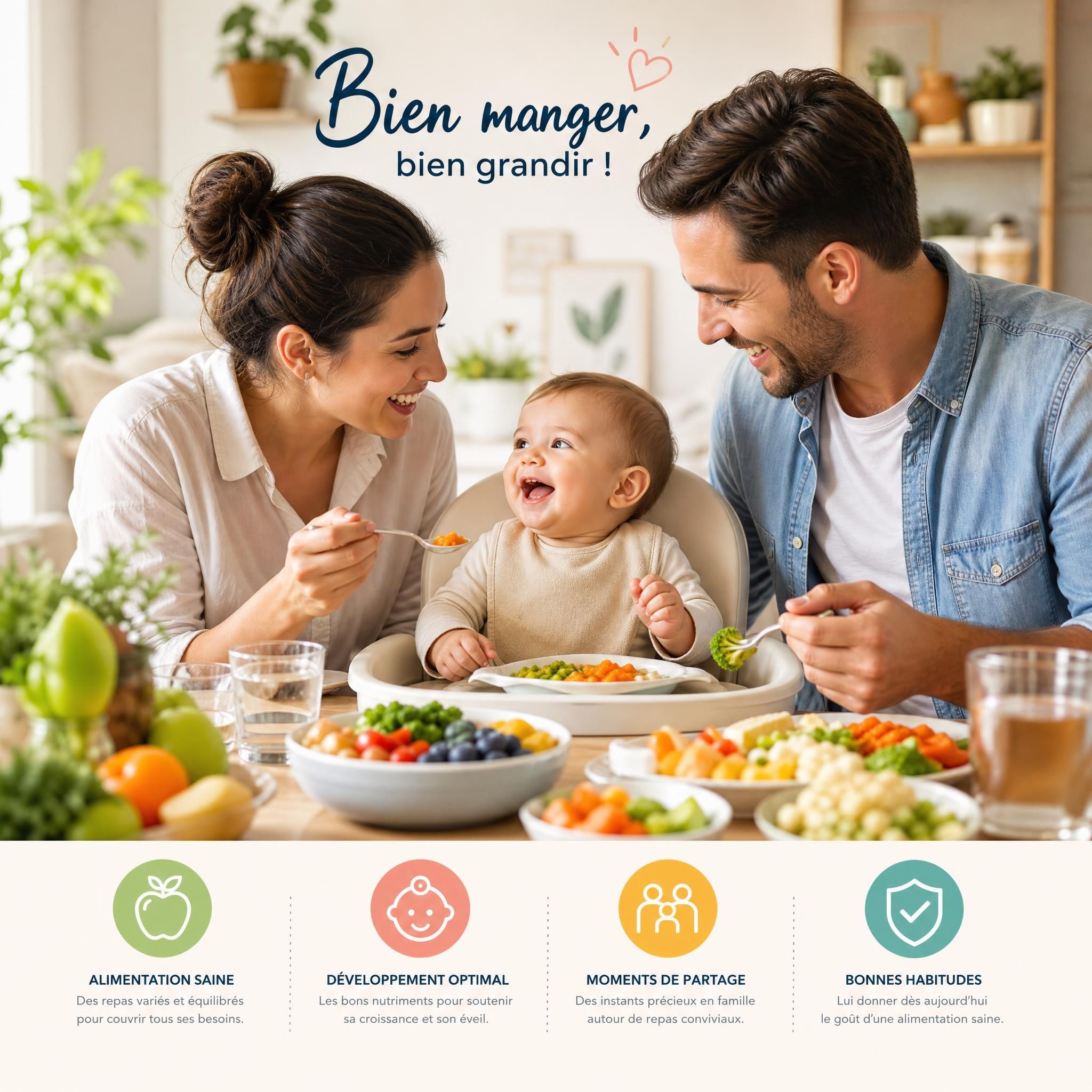 Parents heureux avec leur bébé souriant autour d'un repas familial coloré et sain, alimentation bébé développement enfant