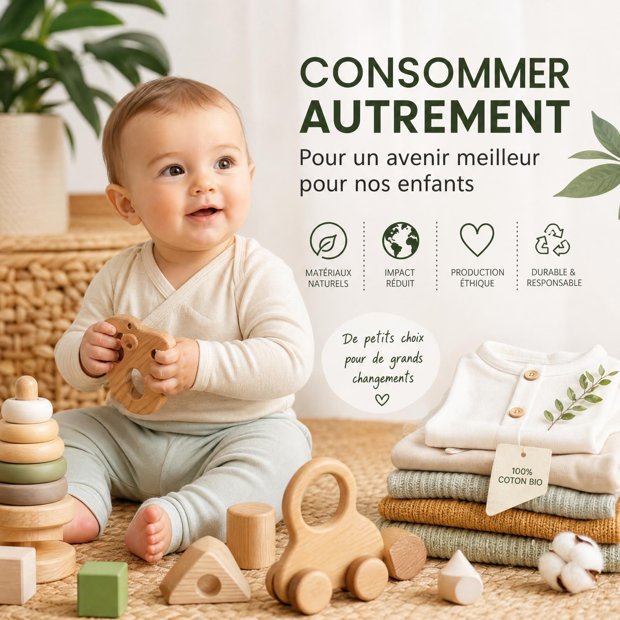 Bébé entouré de jouets écoresponsables en bois et vêtements biologiques — impact éthique consommation enfant