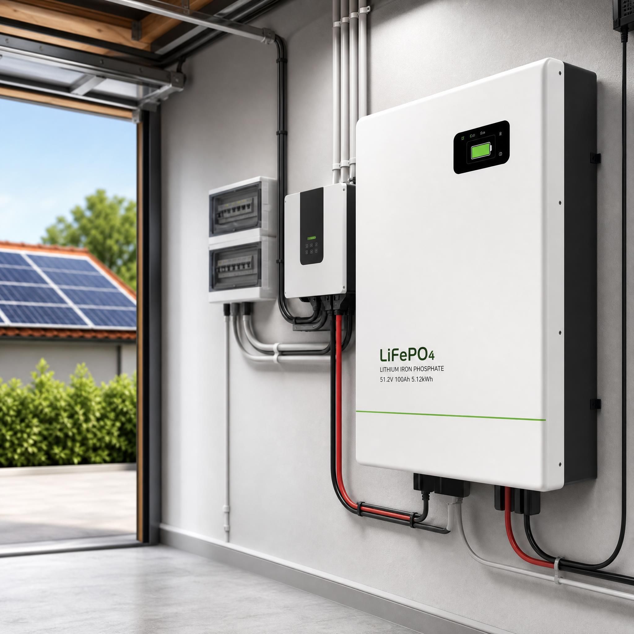 Batterie lithium fer phosphate LiFePO4 murale installée dans un local technique avec panneaux solaires en arrière-plan