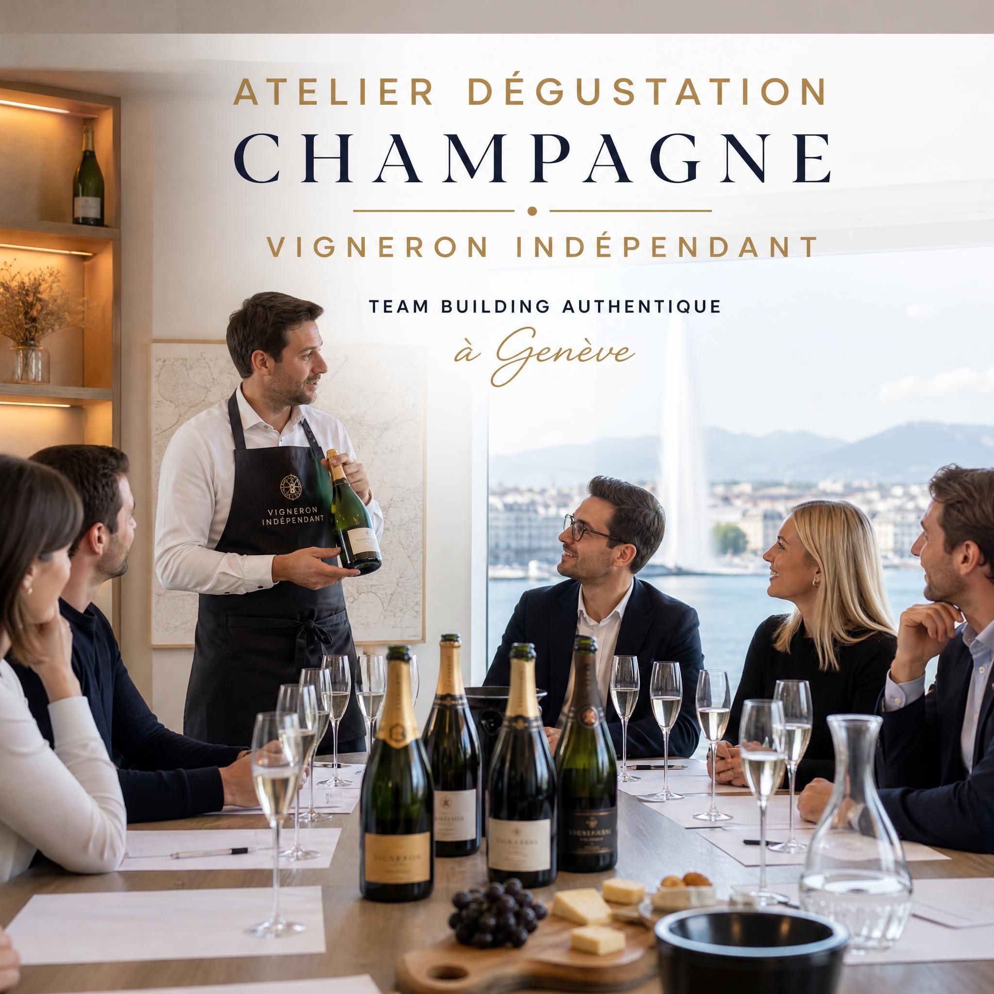 Atelier dégustation champagne vigneron indépendant pour team building entreprise à Genève, flûtes et bouteilles sur table élégante