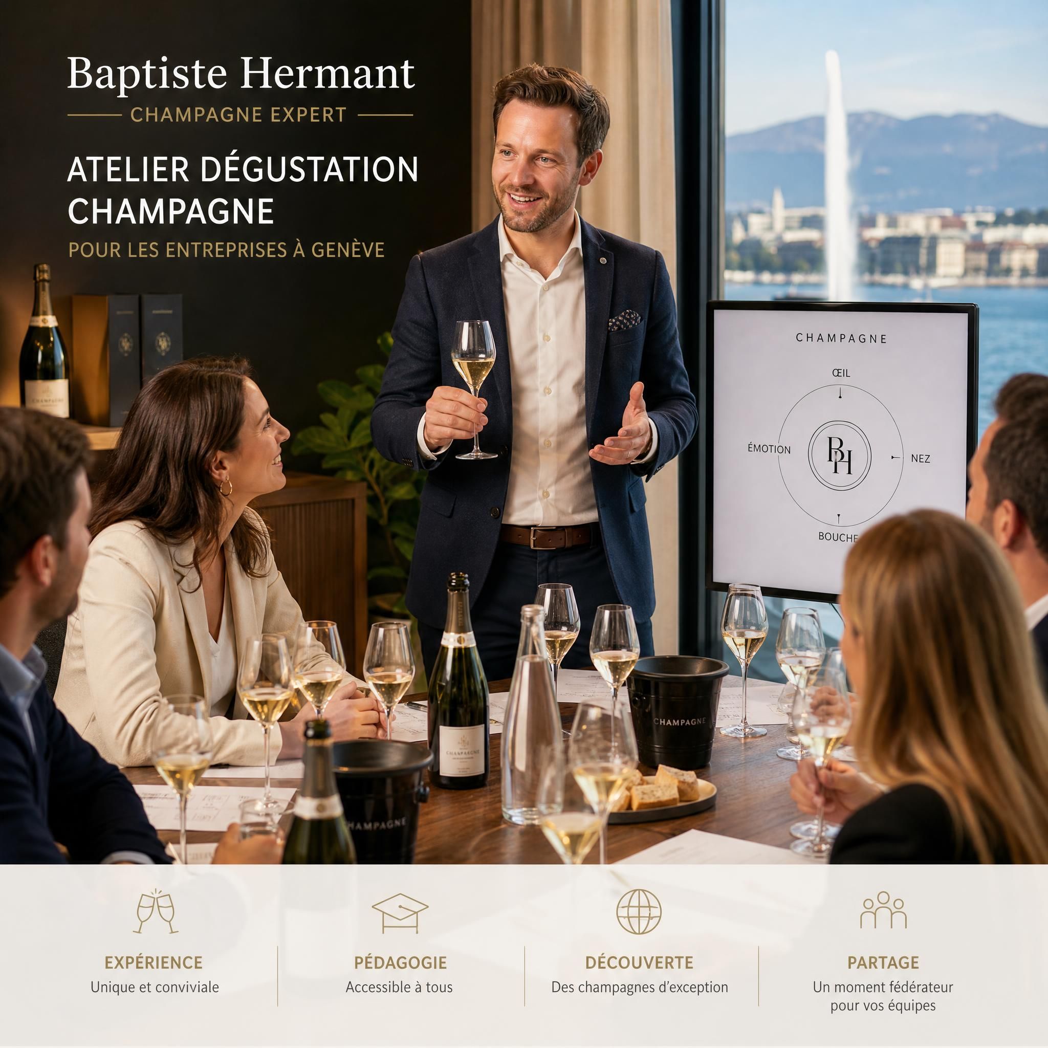 Baptiste Hermant animant un atelier dégustation champagne pour une équipe d'entreprise à Genève, ambiance conviviale et chaleureuse
