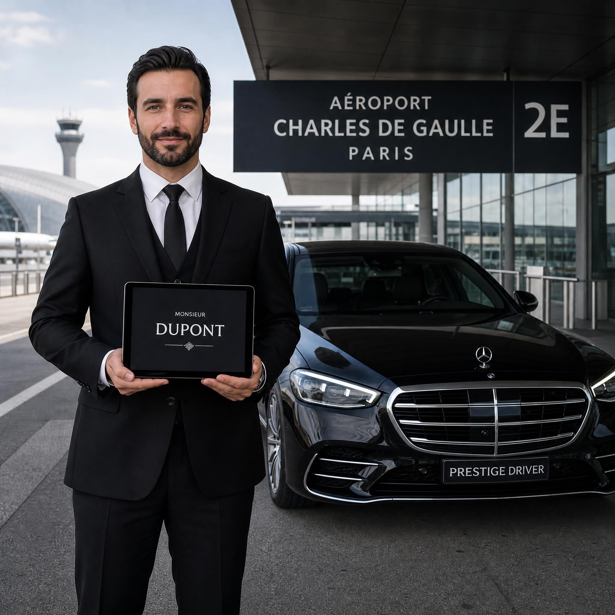 Chauffeur professionnel en tenue sombre tenant une tablette nominative devant une Mercedes Classe S noire à l'aéroport Charles de Gaulle, Paris