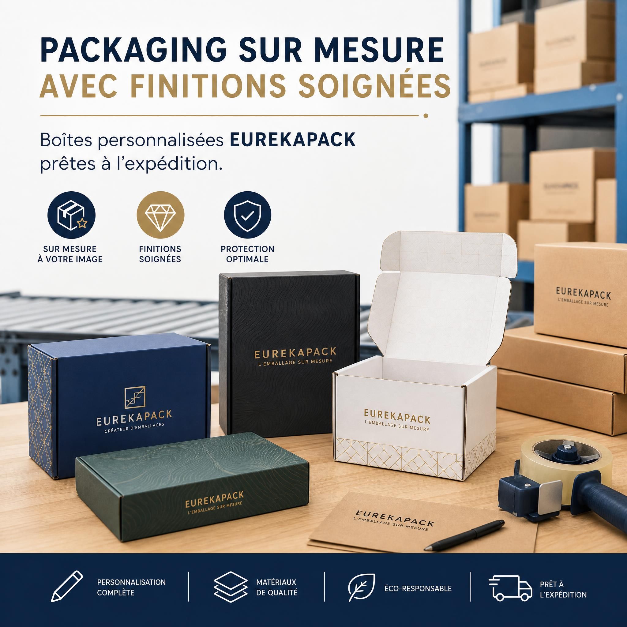 Packaging sur mesure avec finitions soignées - boîtes personnalisées EUREKAPACK prêtes à l'expédition
