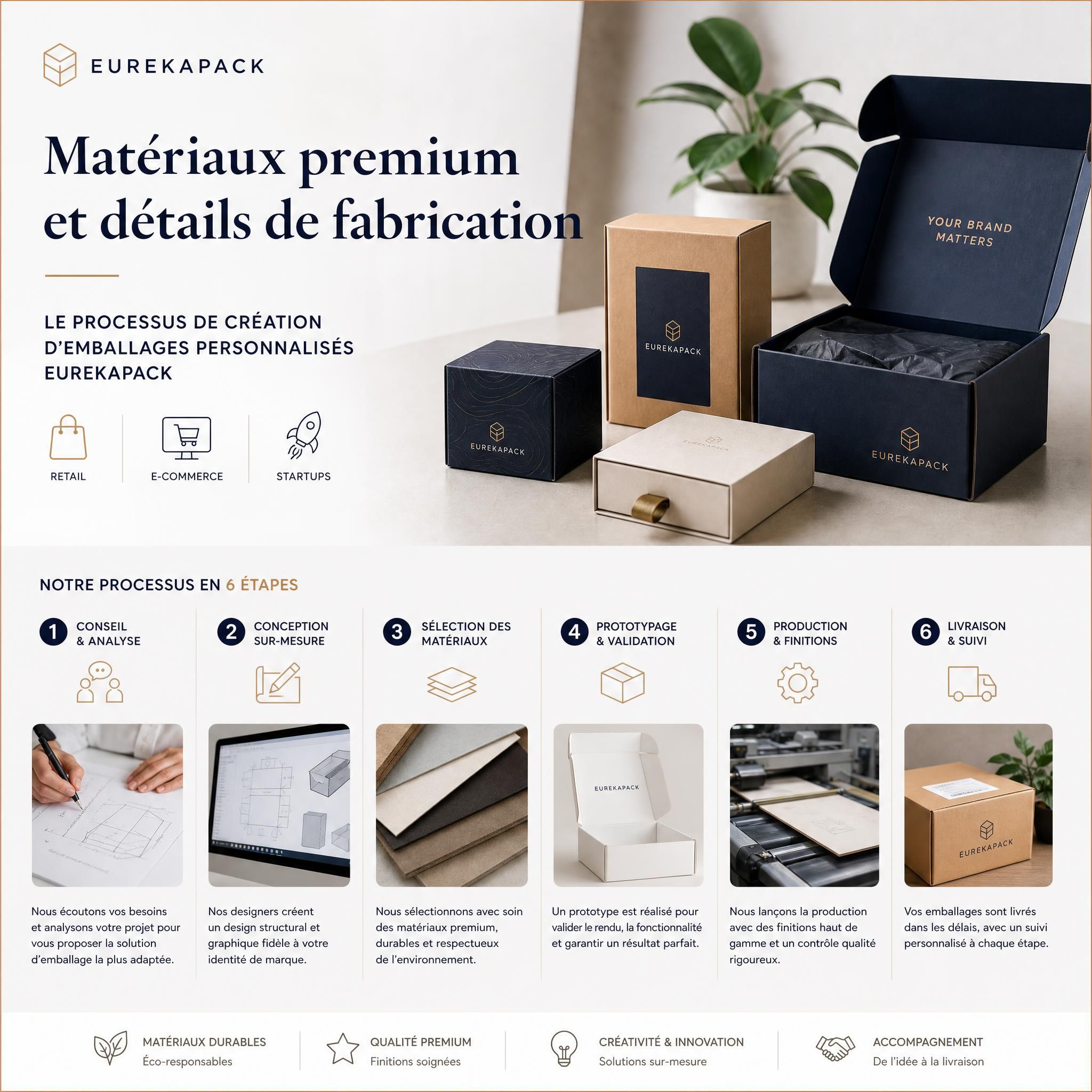 Matériaux premium et détails de fabrication - processus de création d'emballages personnalisés EUREKAPACK pour retail, e-commerce et startups