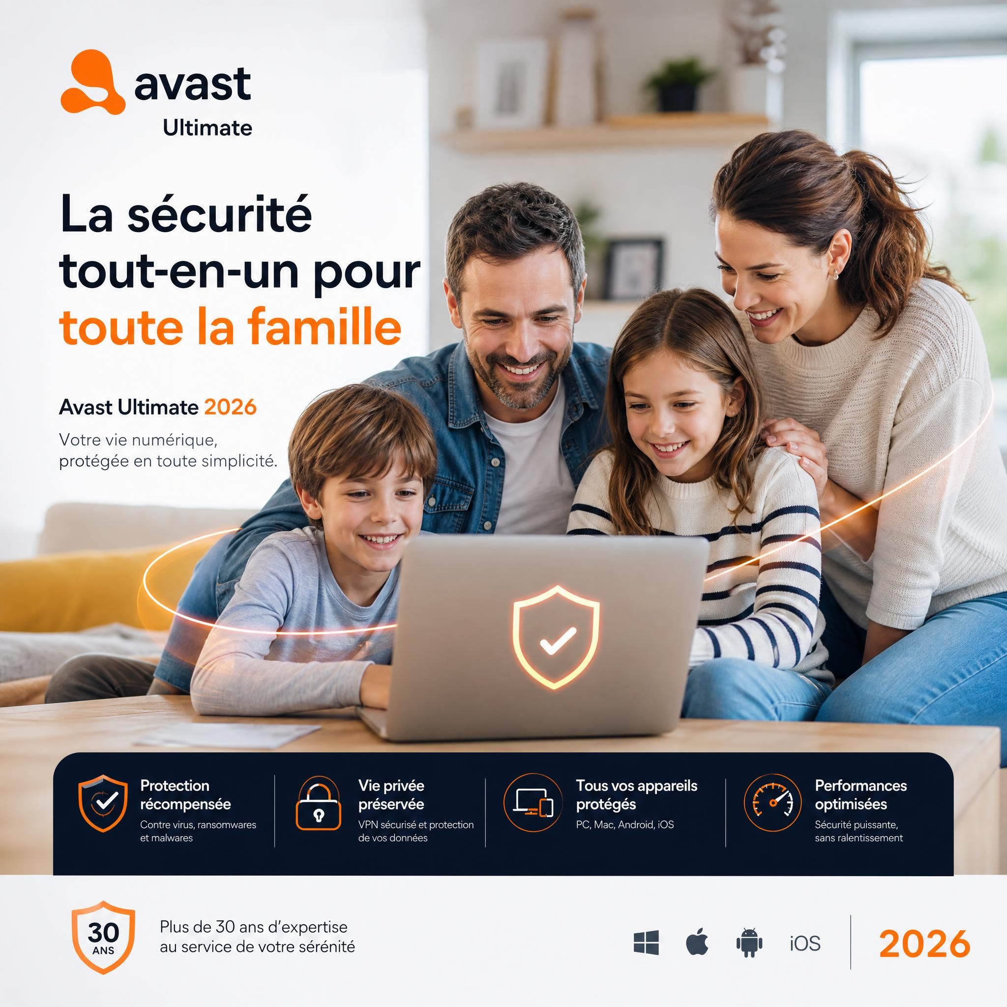 Famille française utilisant un ordinateur portable en sécurité grâce à Avast Ultimate, solution antivirus tout-en-un 2026
