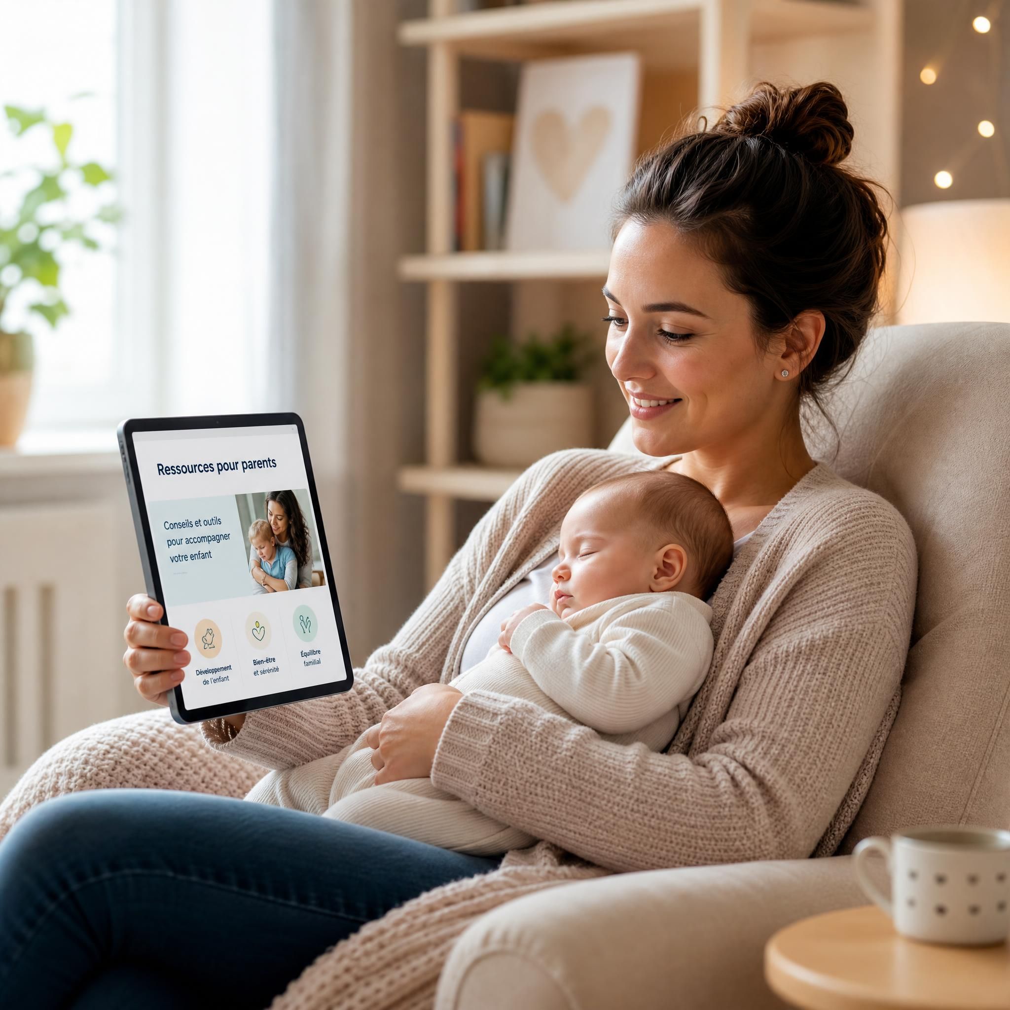 Mère heureuse assise dans un fauteuil confortable, lisant des ressources parentales sur sa tablette, bébé endormi dans ses bras
