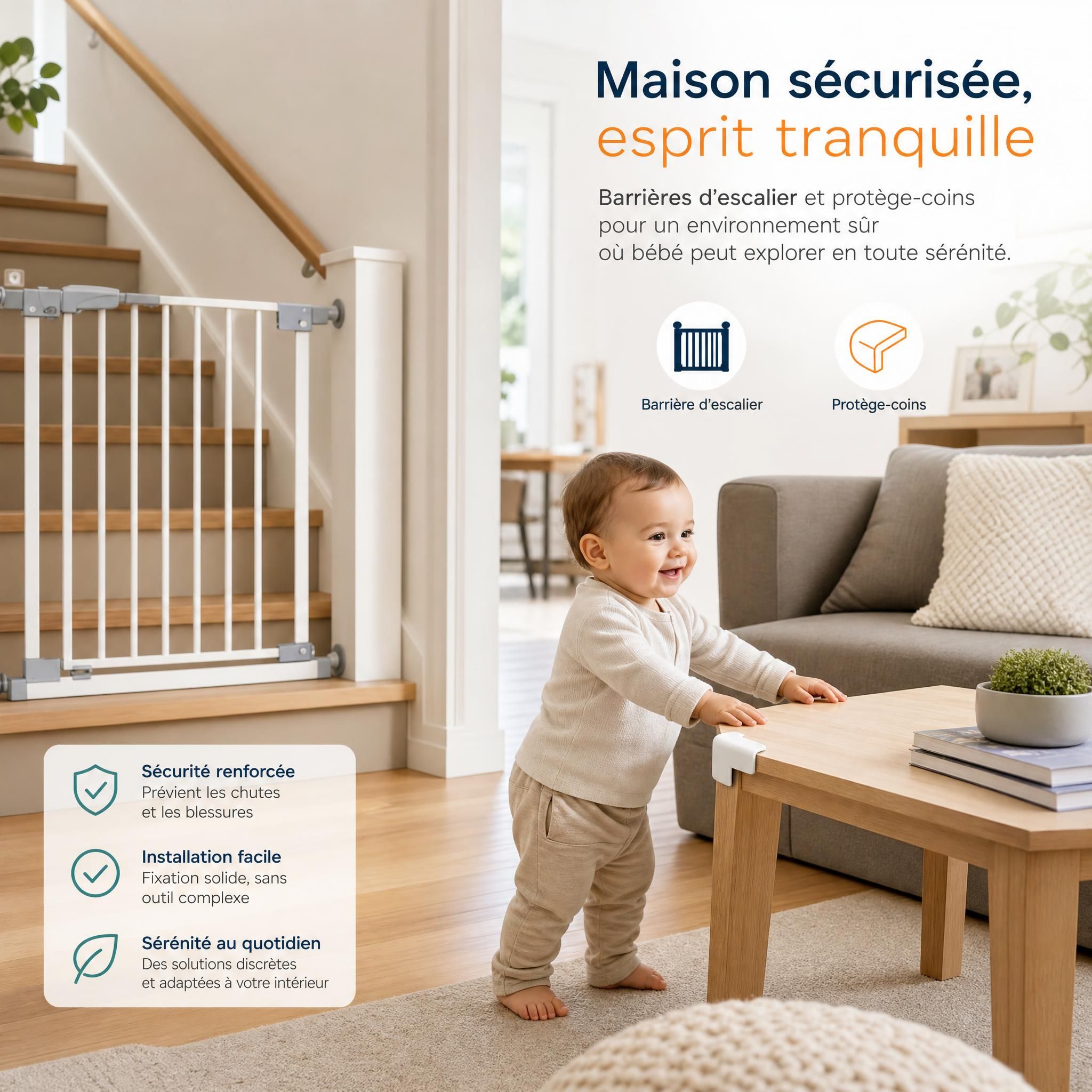 Maison sécurisée pour bébé avec barrières d'escalier et protège-coins installés, enfant explorant sereinement