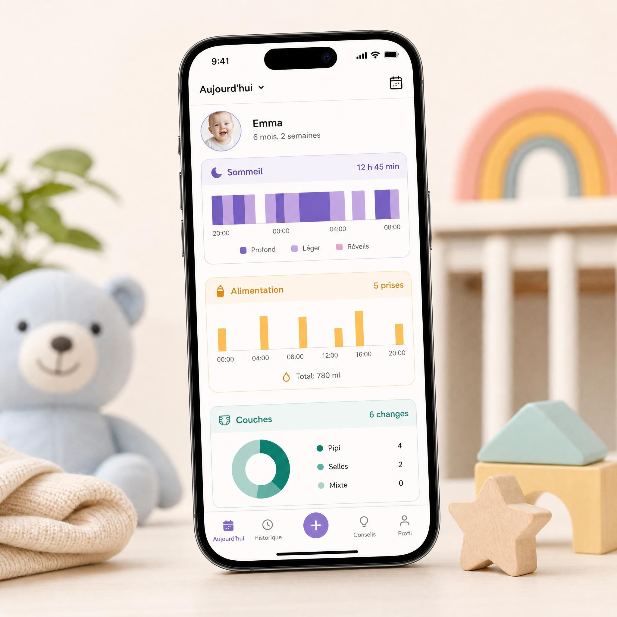 Écran de smartphone montrant une interface d'application de suivi bébé avec graphiques de sommeil et d'alimentation colorés