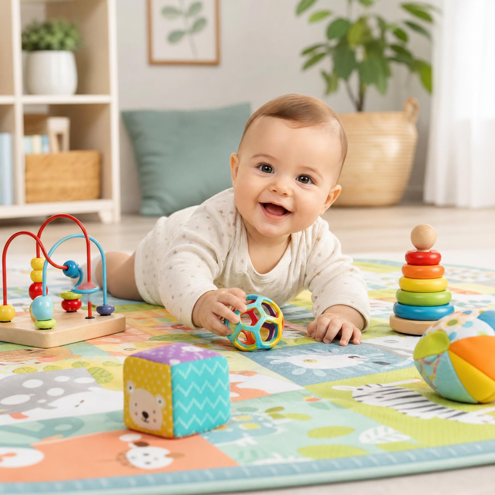 Bébé souriant en train de jouer avec des jouets d'éveil colorés et stimulants sur un tapis de jeu