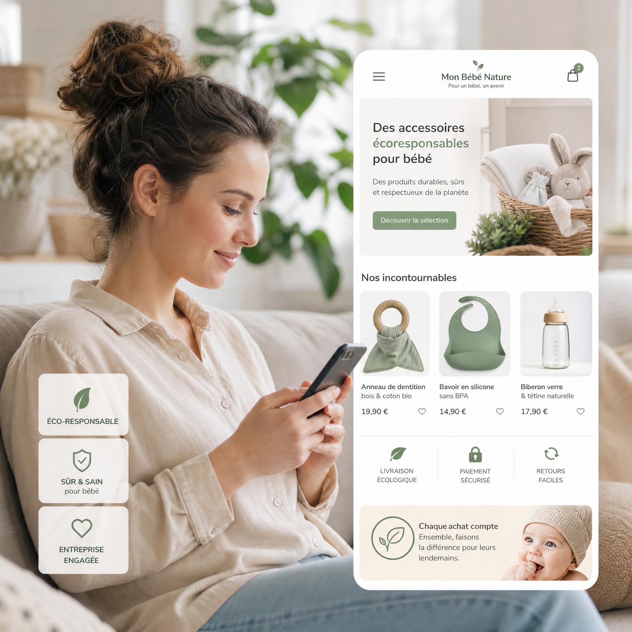 Maman utilisant son smartphone pour acheter des accessoires bébé en ligne, interface e-commerce moderne avec des produits écoresponsables