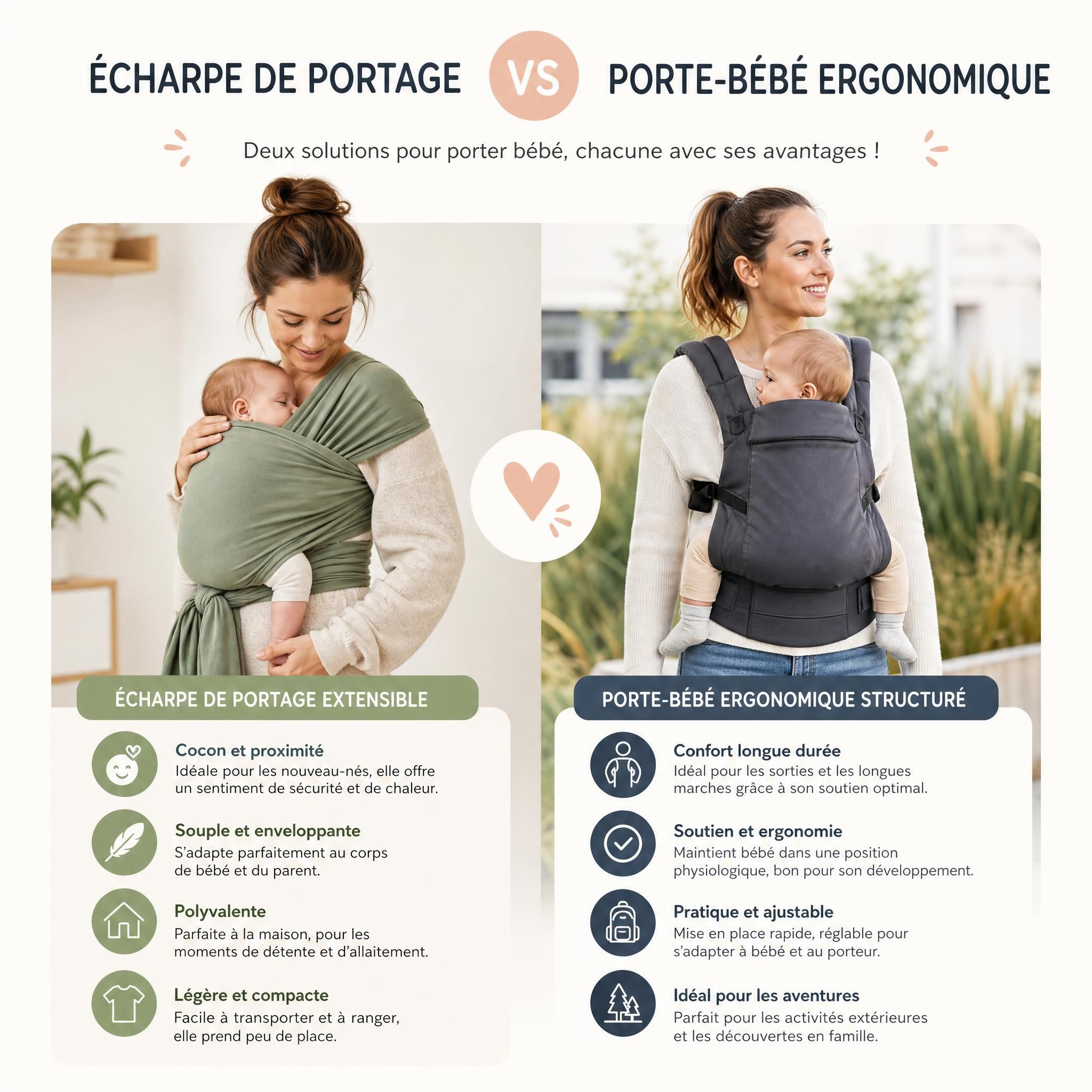 Maman portant son bébé avec une écharpe de portage extensible, en comparaison avec un porte-bébé ergonomique structuré