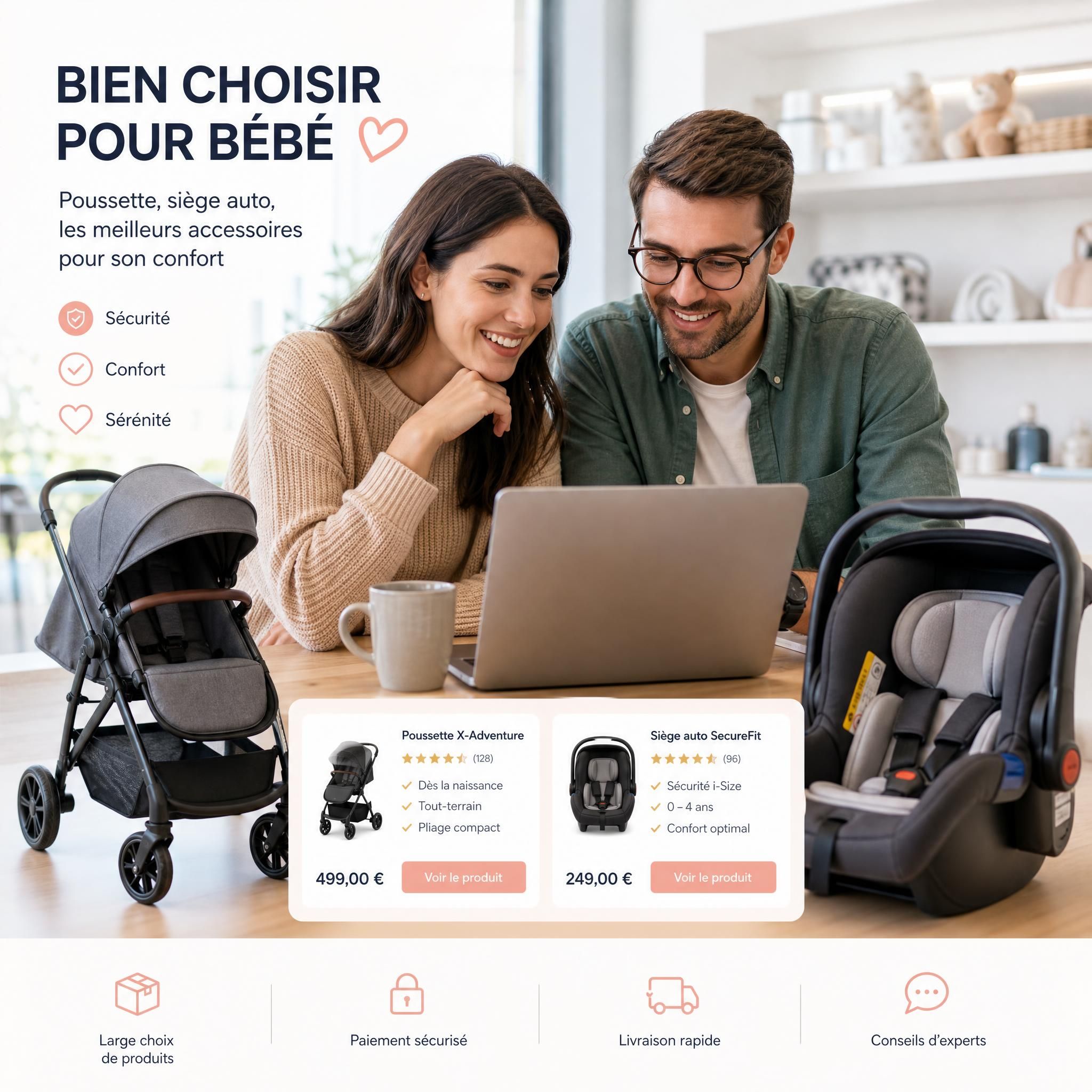 Parents heureux comparant des accessoires bébé dans une boutique de puériculture en ligne, poussette et siège auto visibles