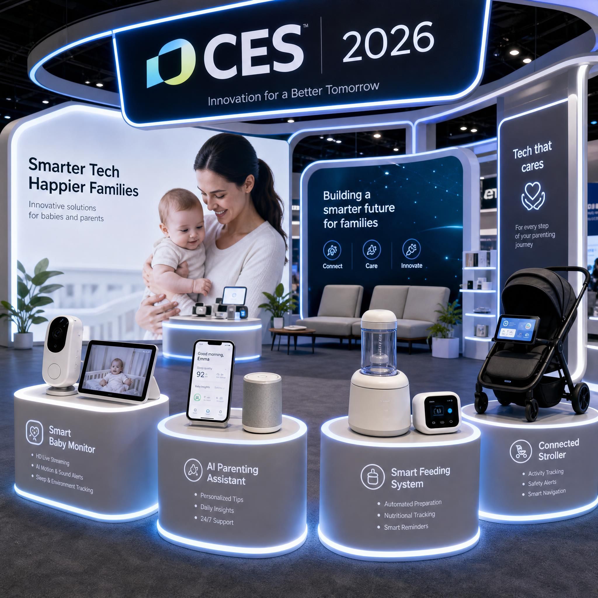Stand d'exposition CES 2026 présentant des gadgets innovants pour bébés et parents, ambiance technologique futuriste