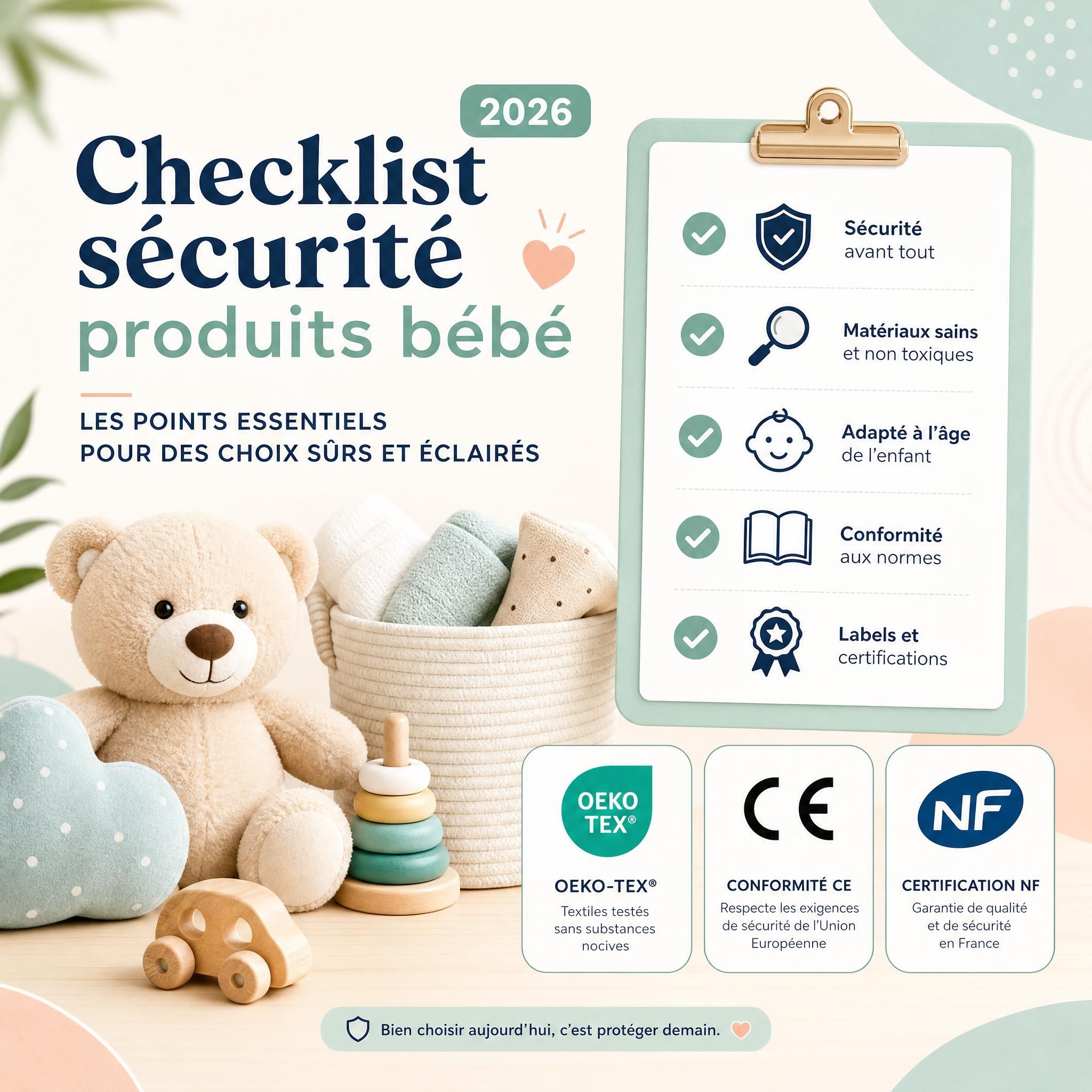 Checklist sécurité produits bébé 2026 avec labels certifications OEKO-TEX, CE, NF, sur fond pastel