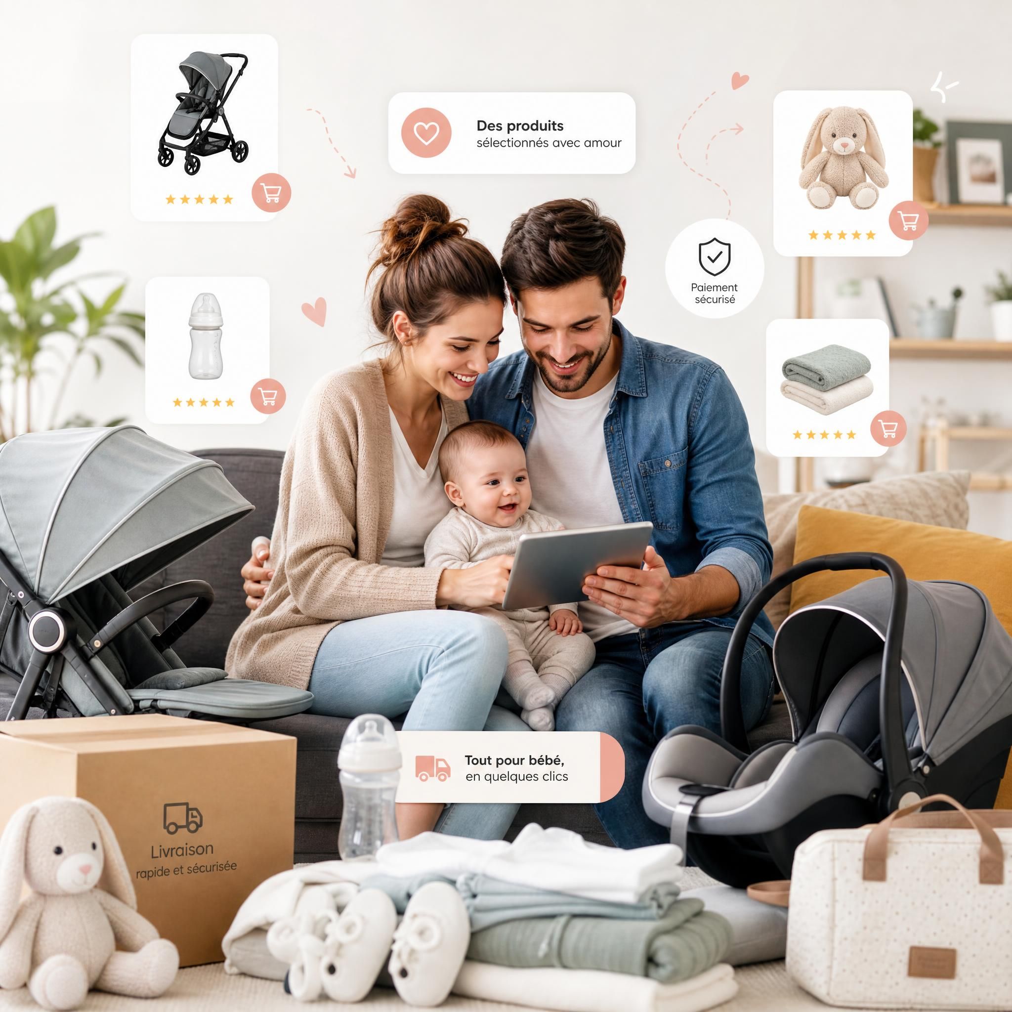 Famille heureuse avec bébé entourée d'accessoires de puériculture soigneusement choisis en ligne