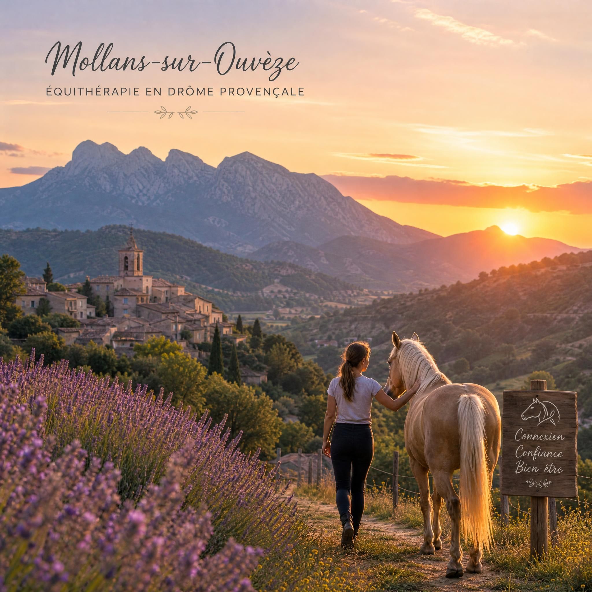 Paysage provençal de Mollans-sur-Ouvèze au coucher du soleil avec les Baronnies provençales en arrière-plan, cadre naturel et apaisant pour l'équithérapie