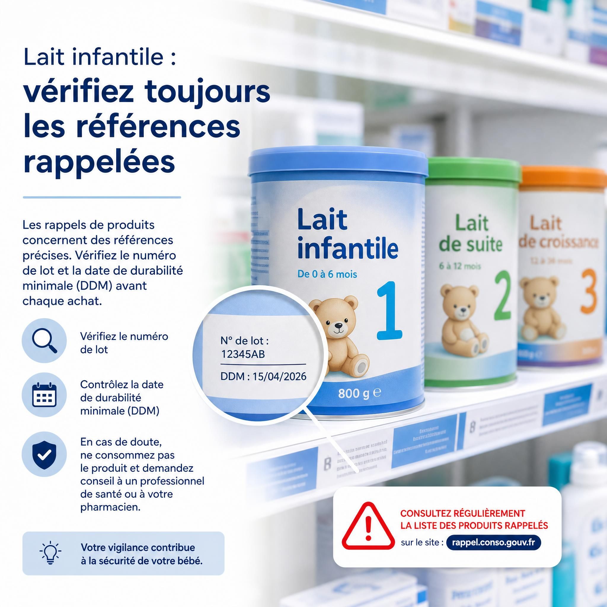 Boîtes de lait infantile sur une étagère de pharmacie, mise en évidence de l'importance de vérifier les références rappelées