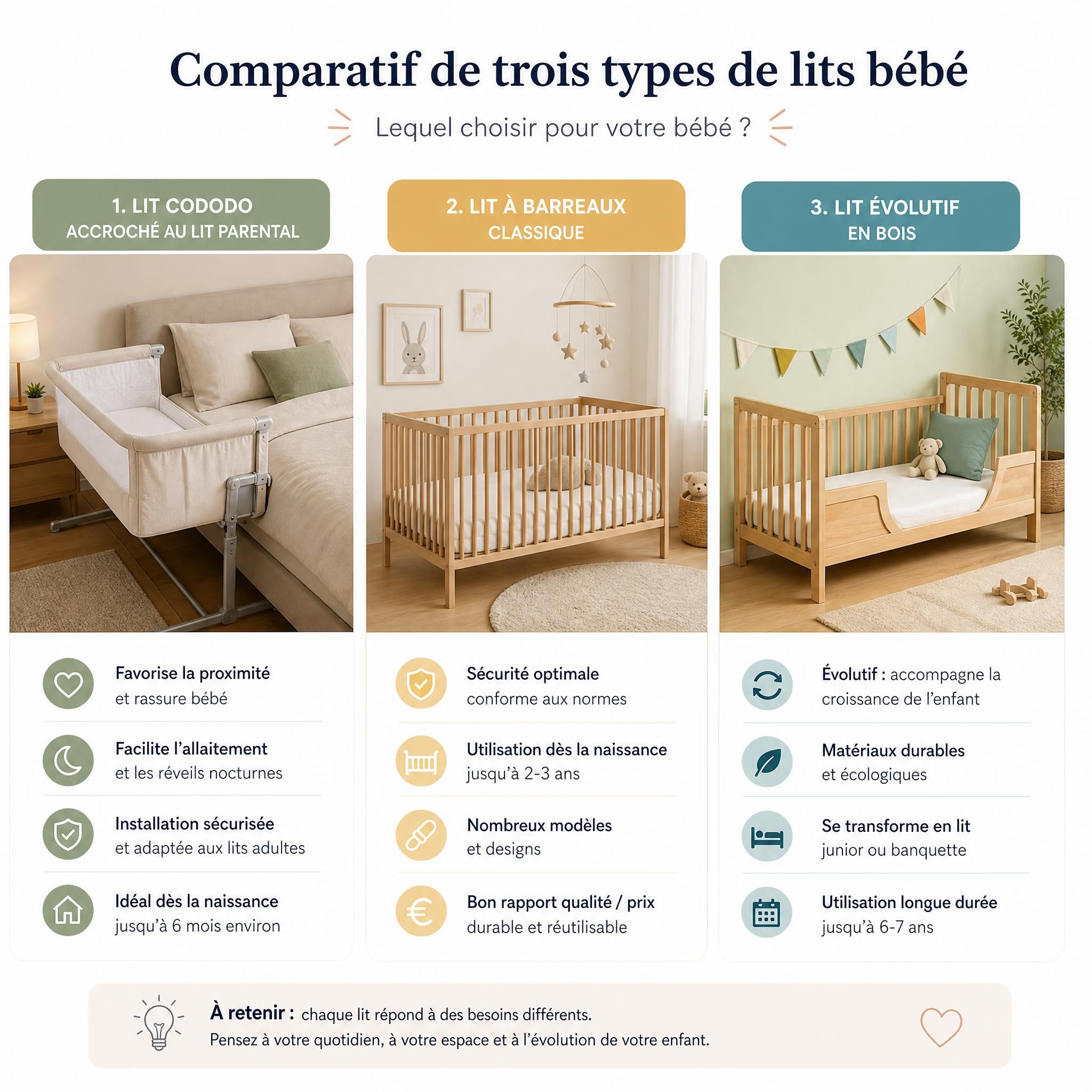Comparatif de trois types de lits bébé : lit cododo accroché au lit parental, lit à barreaux classique et lit évolutif en bois