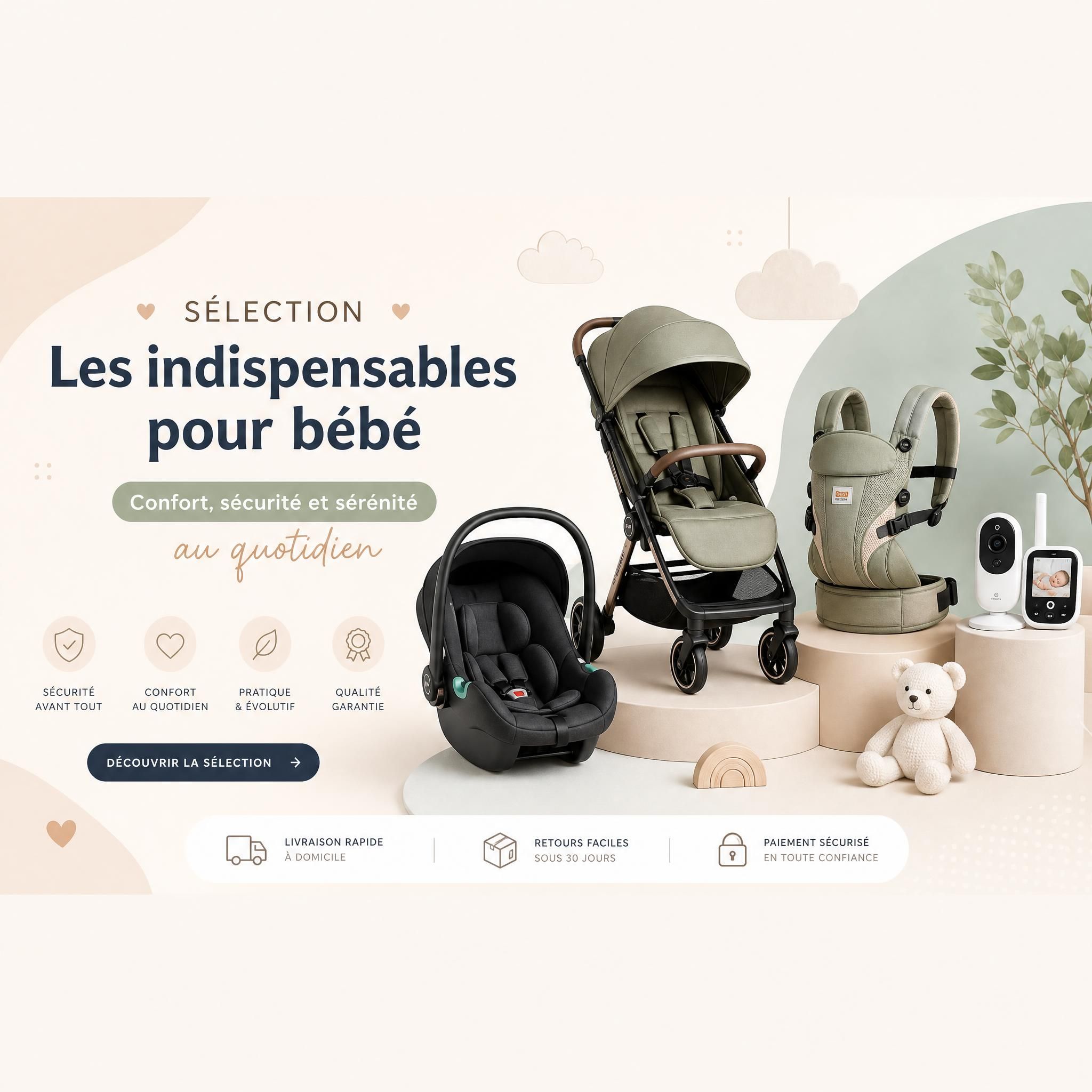 Bannière e-commerce bébé avec une sélection d'accessoires puériculture indispensables : poussette, siège auto, porte-bébé, babyphone sur fond pastel doux