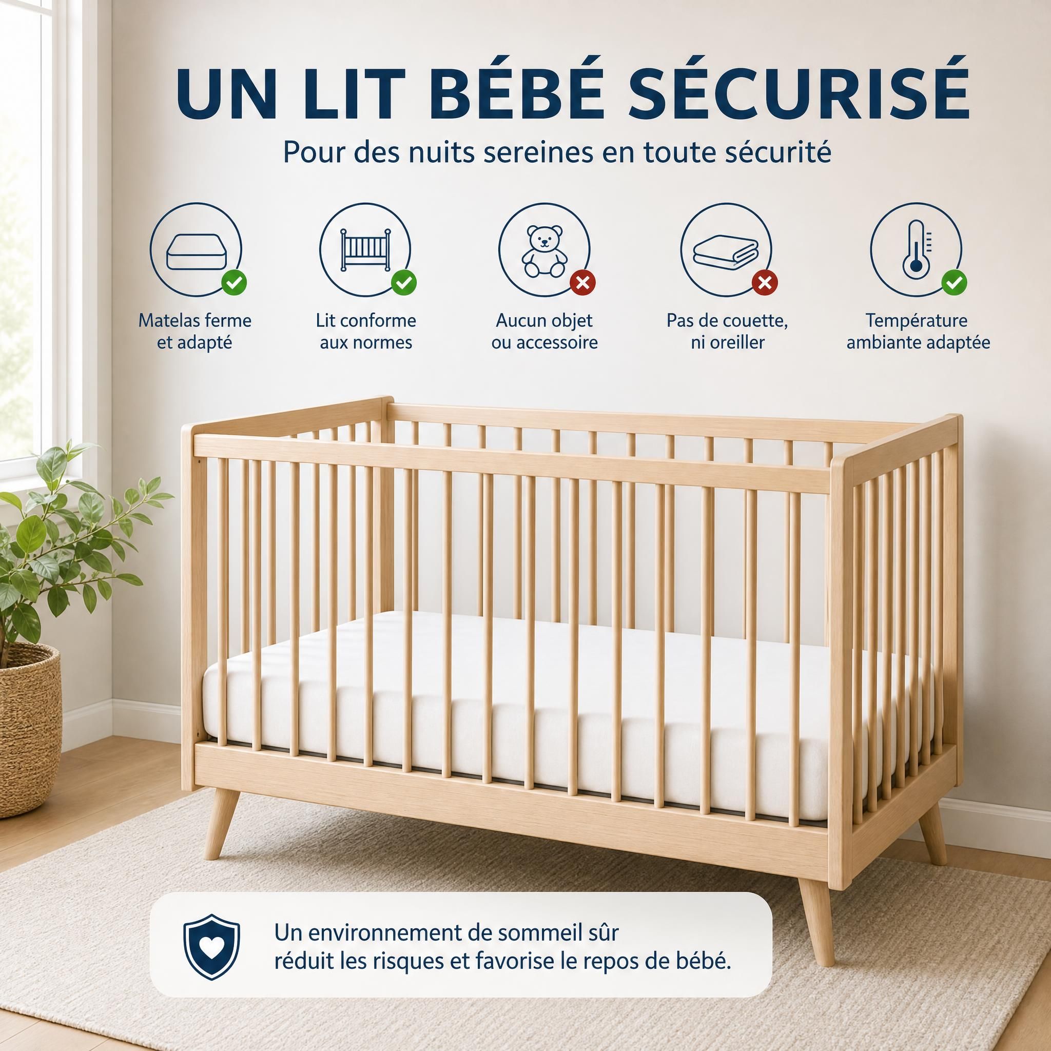 Lit bébé sécurisé conforme aux normes avec matelas ferme et sans accessoires superflus