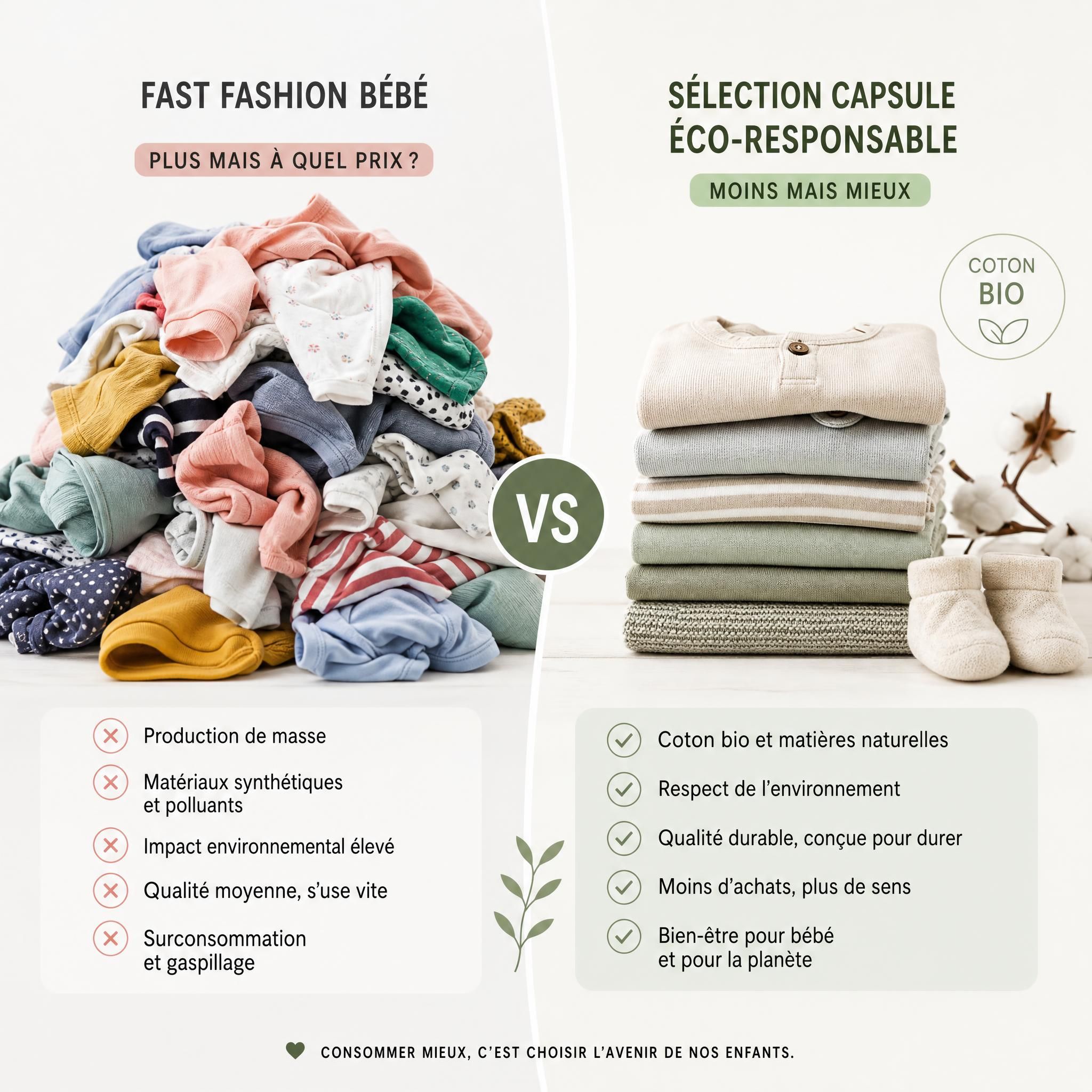 Comparaison visuelle entre une pile de vêtements bébé fast fashion et une sélection capsule de vêtements bébé éco-responsables en coton bio, illustrant deux approches de consommation