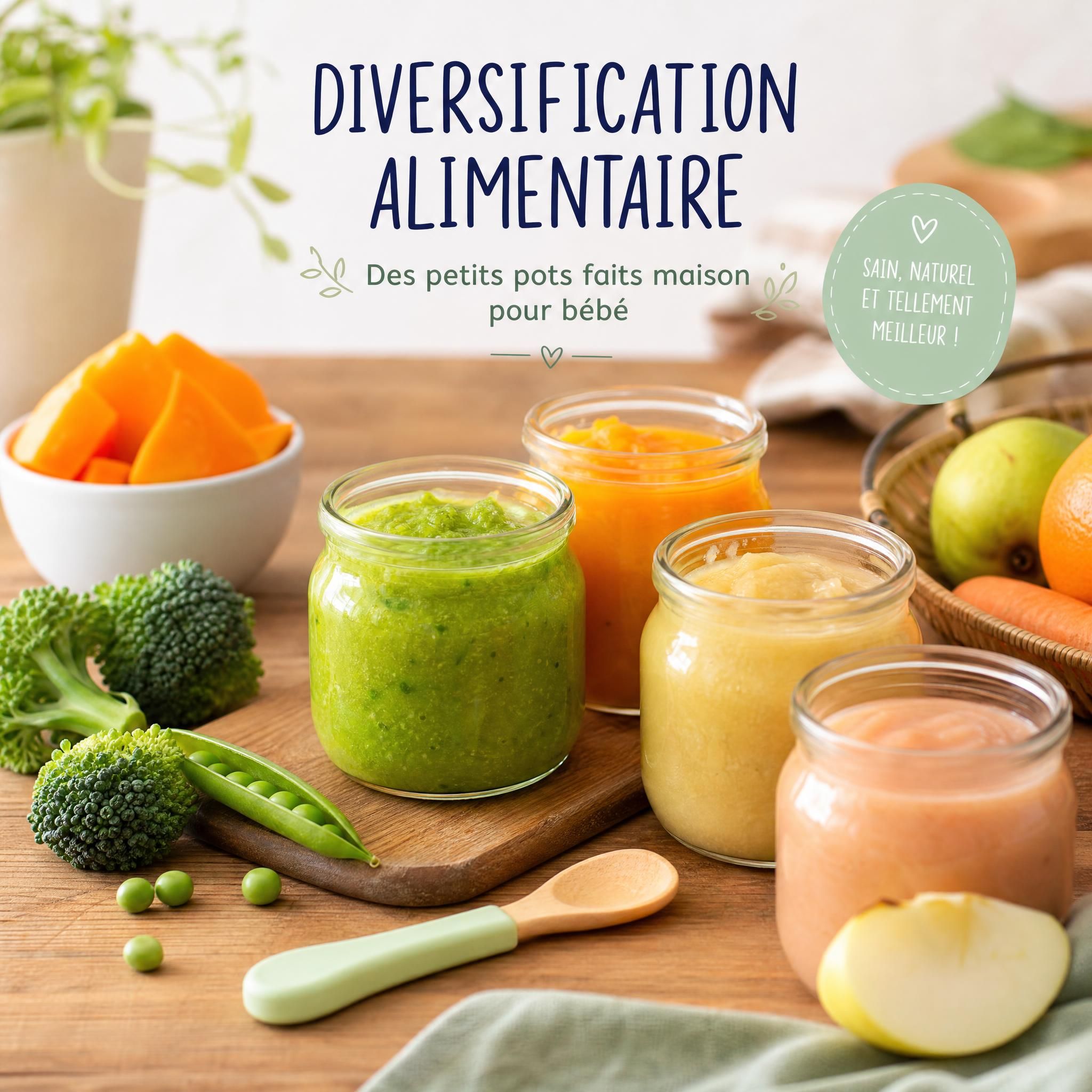 Diversification alimentaire bébé - petits pots faits maison colorés avec légumes et fruits frais sur table en bois