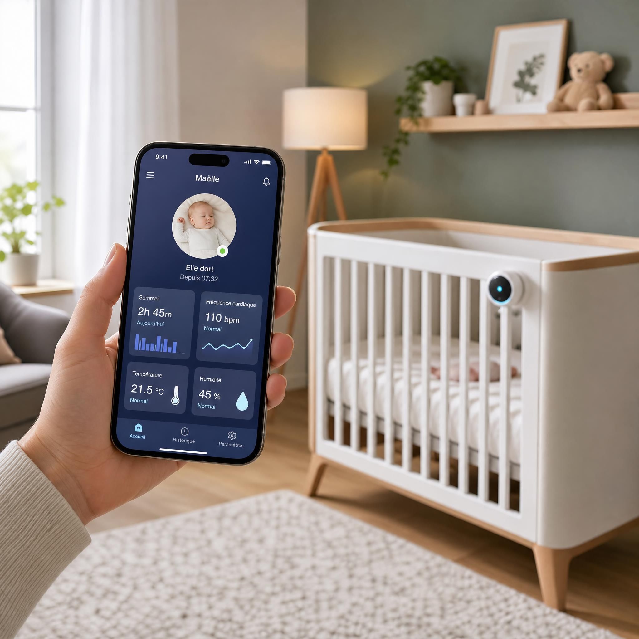 Parent tenant un smartphone affichant une application de suivi bébé, berceau connecté en arrière-plan dans une chambre moderne