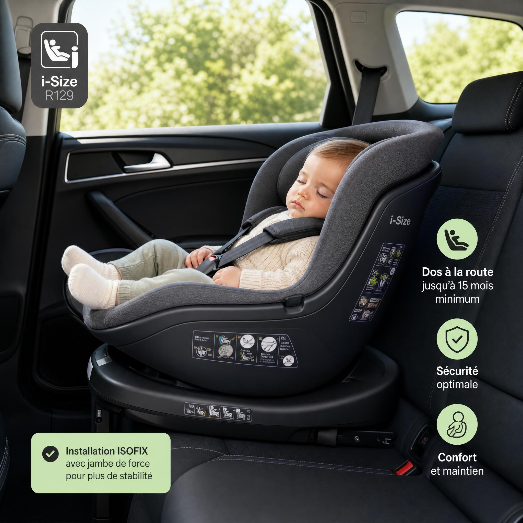 Siège auto bébé i-Size correctement installé dos à la route dans un véhicule familial
