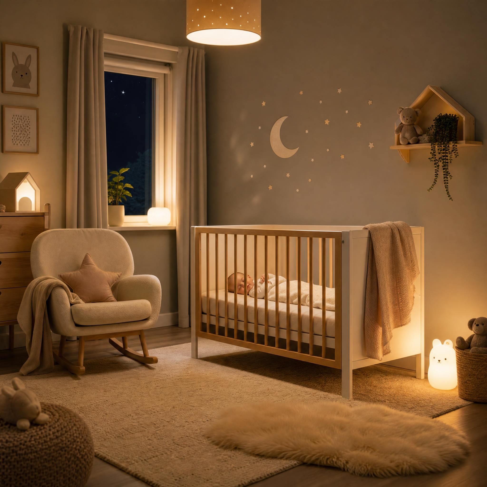 Chambre bébé cosy avec lit à barreaux, veilleuse douce et ambiance apaisante pour le sommeil