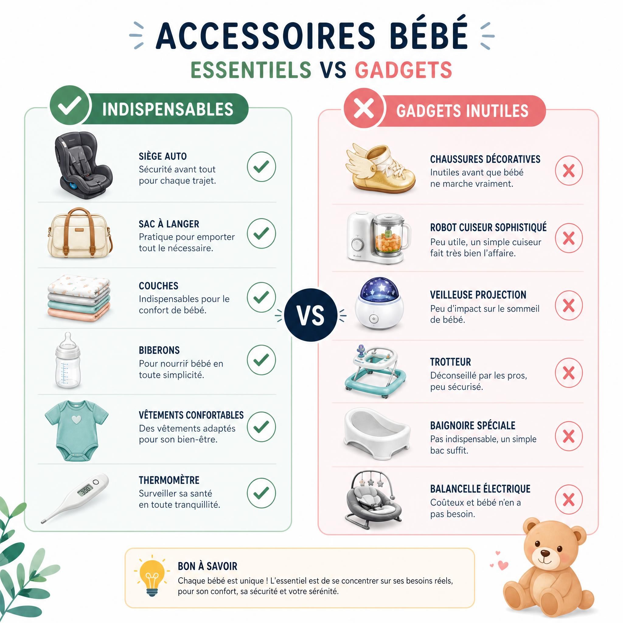 Comparatif visuel des accessoires bébé indispensables versus gadgets inutiles, illustration claire et colorée