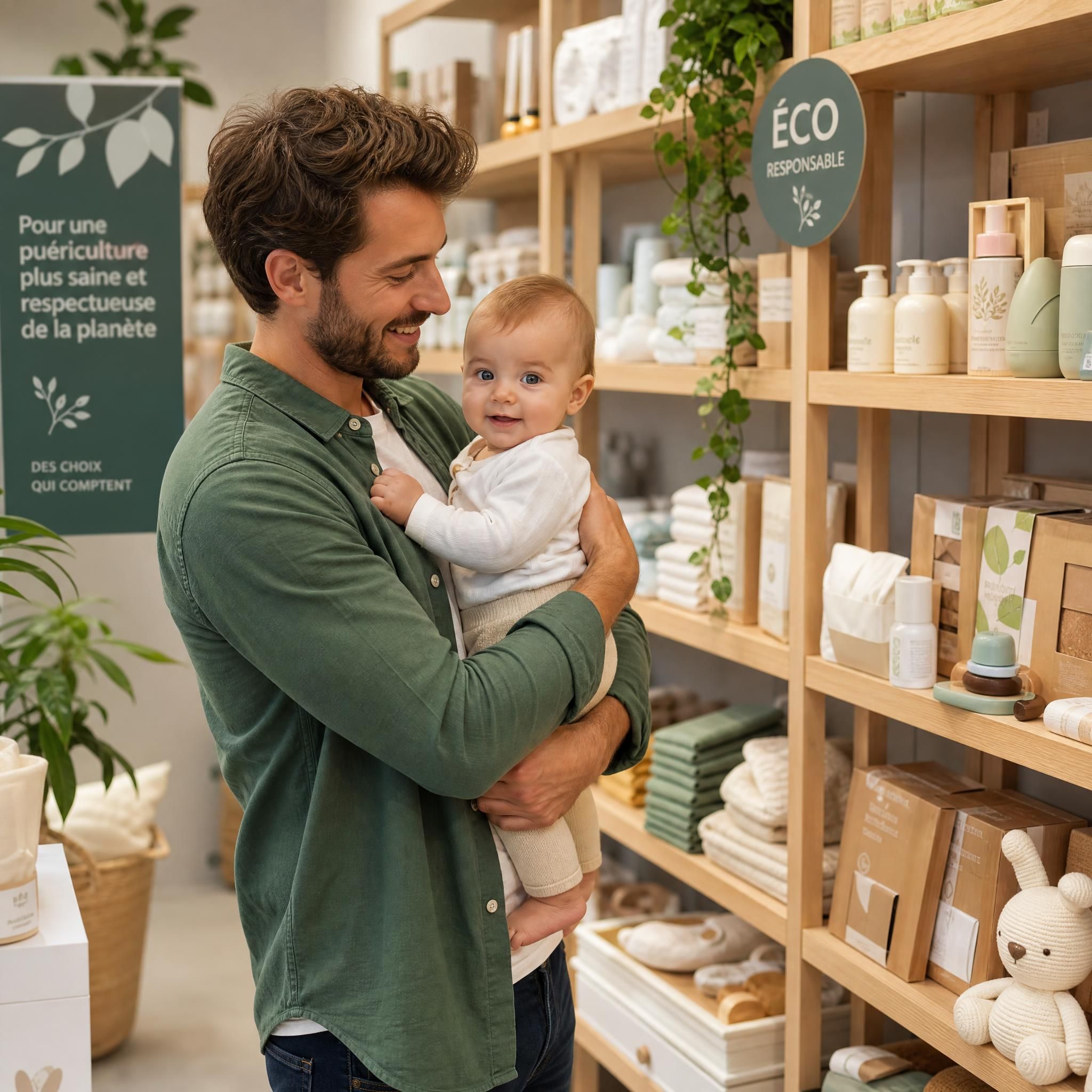 Jeune parent tenant son bébé dans ses bras devant des étagères de produits de puériculture éco-responsables, symbolisant un choix de consommation conscient et engagé