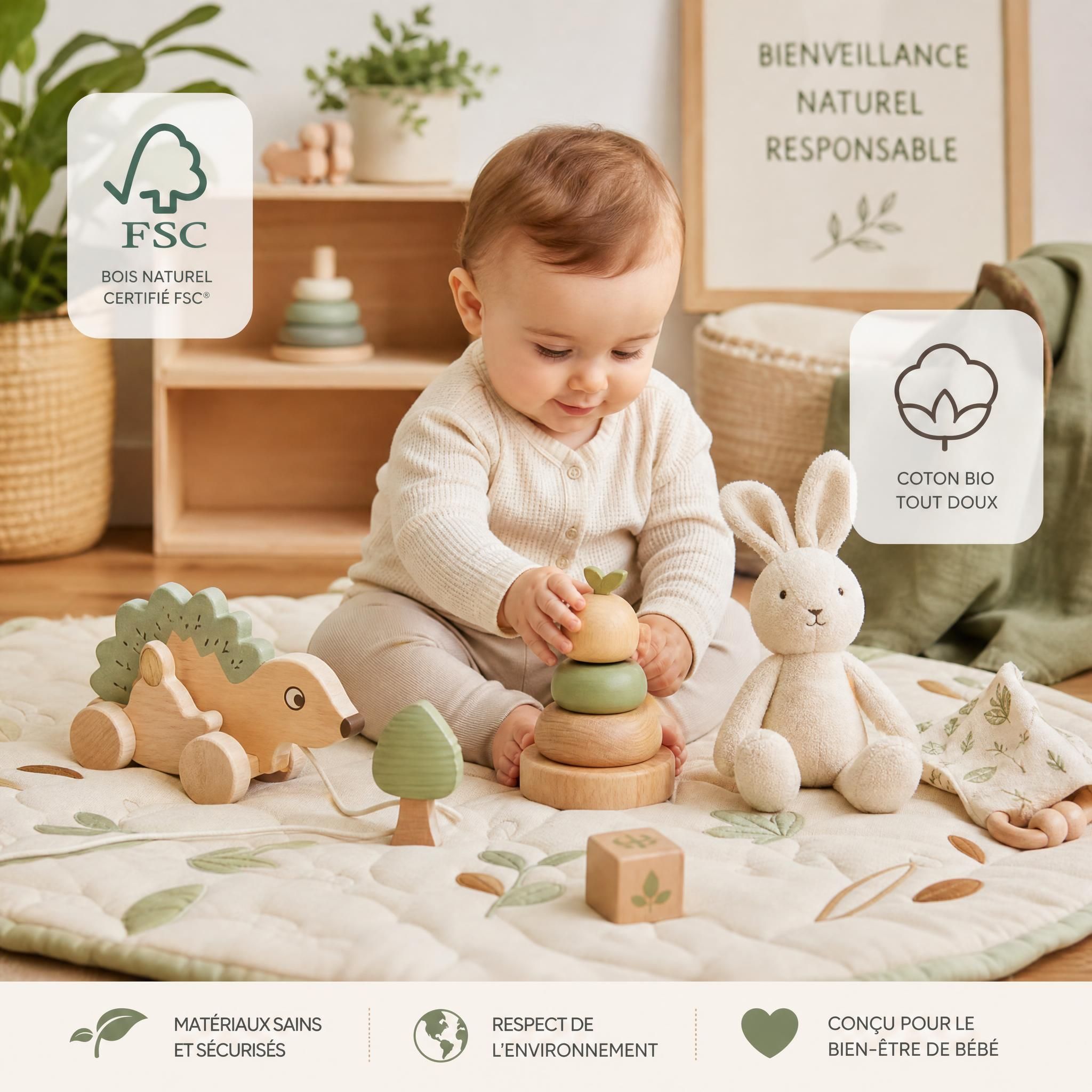 Bébé jouant avec des jouets en bois naturel certifiés FSC et des peluches en coton bio sur un tapis de jeu écologique, illustrant une puériculture saine et responsable