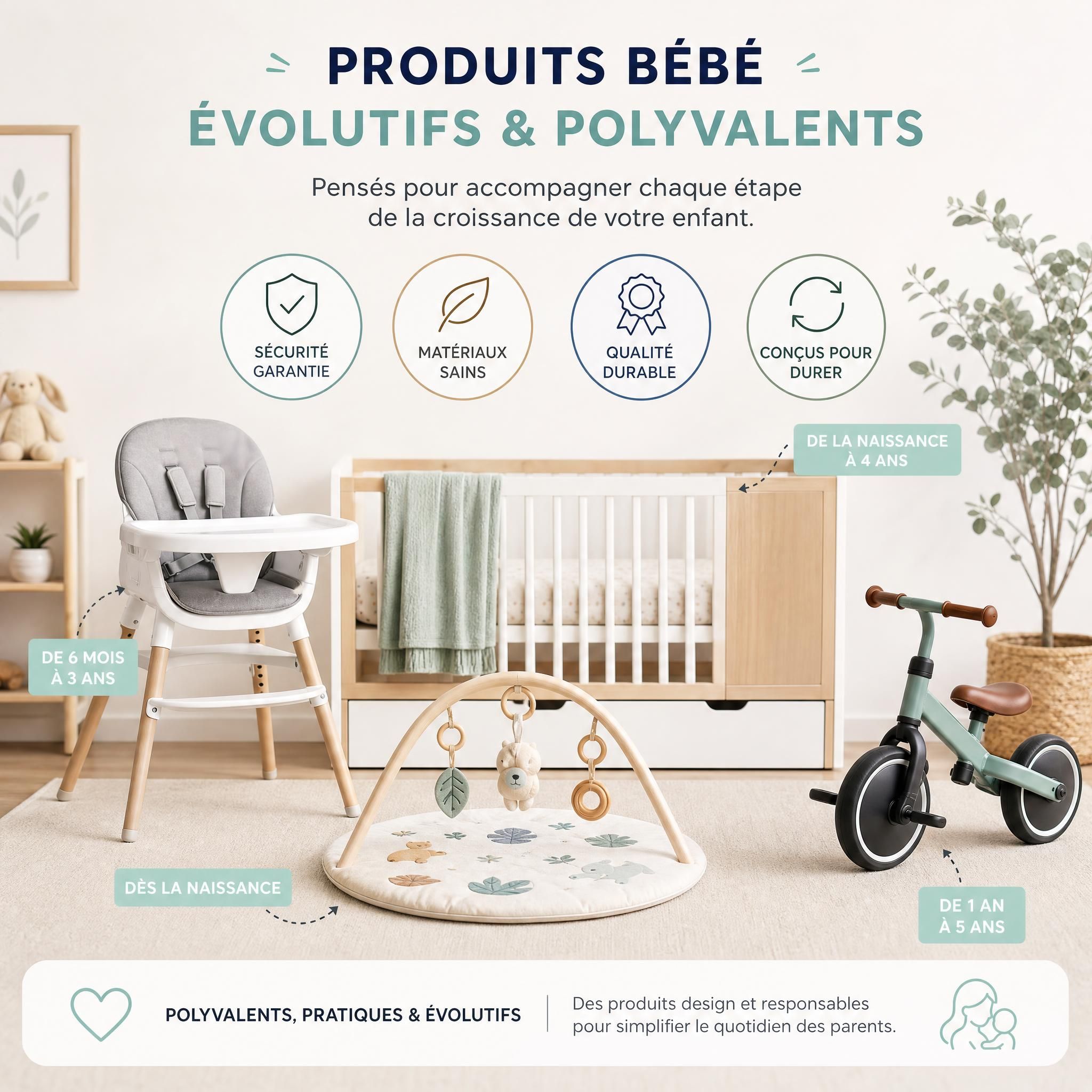 Produits bébé évolutifs et polyvalents présentés sur fond clair avec étiquettes de qualité