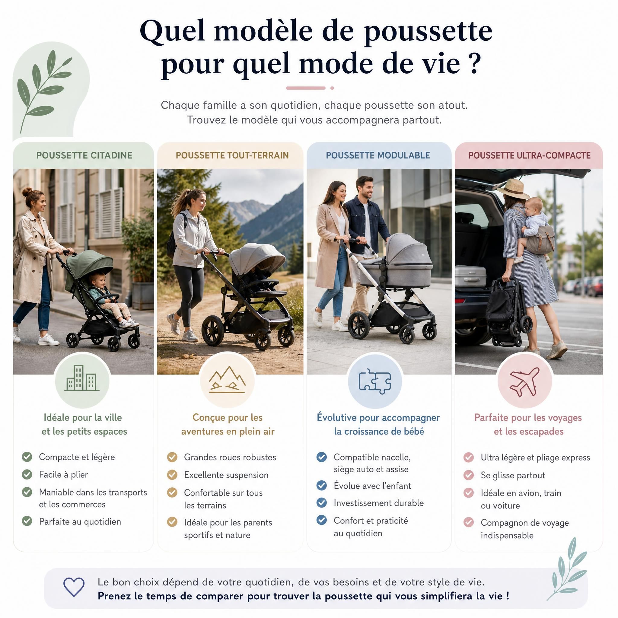 Comparaison de différents modèles de poussettes bébé adaptés à différents modes de vie