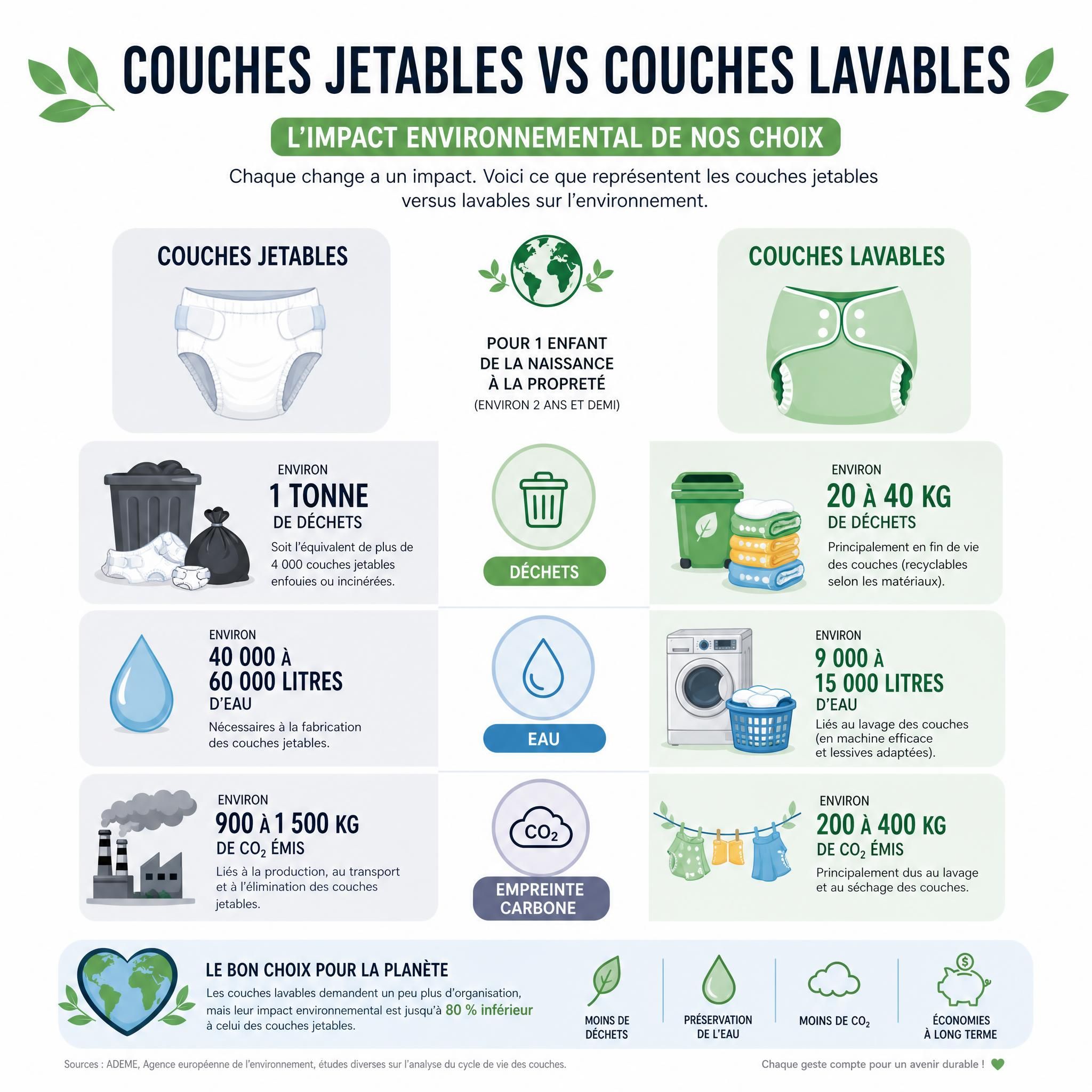 Infographie illustrant l'impact environnemental des couches jetables versus couches lavables, avec des icônes représentant les déchets, l'eau et l'empreinte carbone