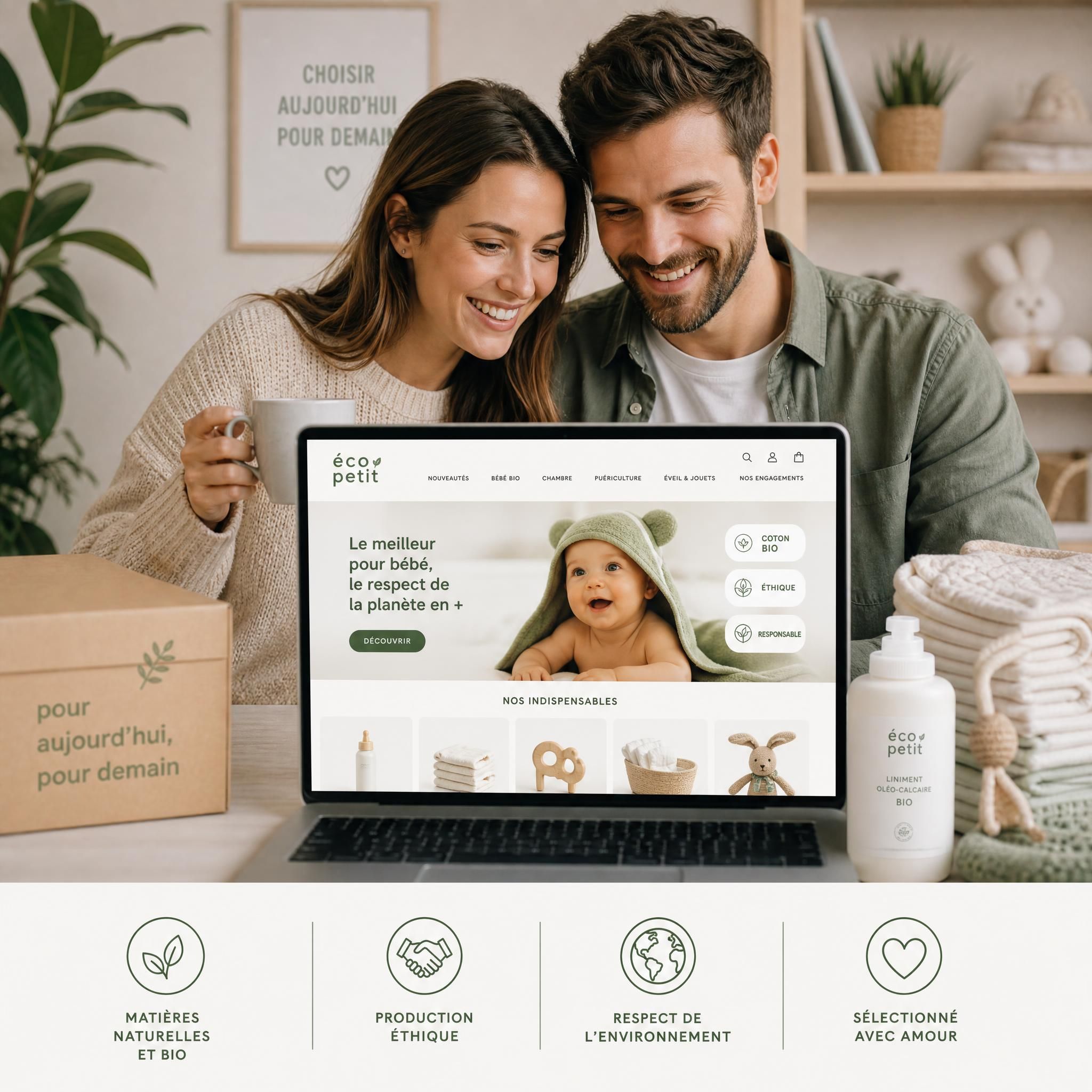 Parents heureux faisant du shopping en ligne sur un site e-commerce de puériculture éco-responsable, avec des labels bio et éthiques visibles sur les produits, symbolisant un achat conscient et engagé