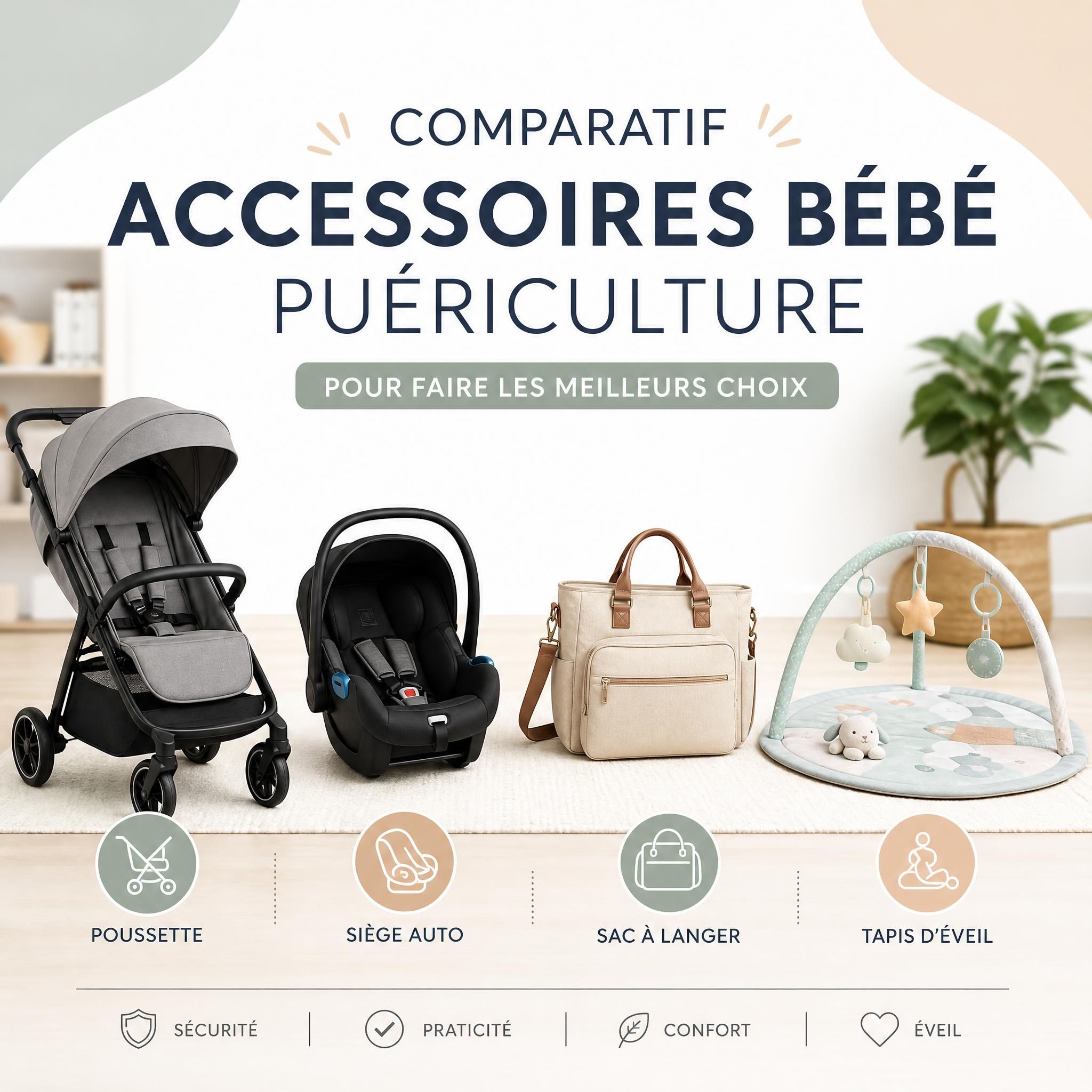 Comparatif accessoires bébé puériculture - poussette siège auto sac à langer et tapis d'éveil côte à côte