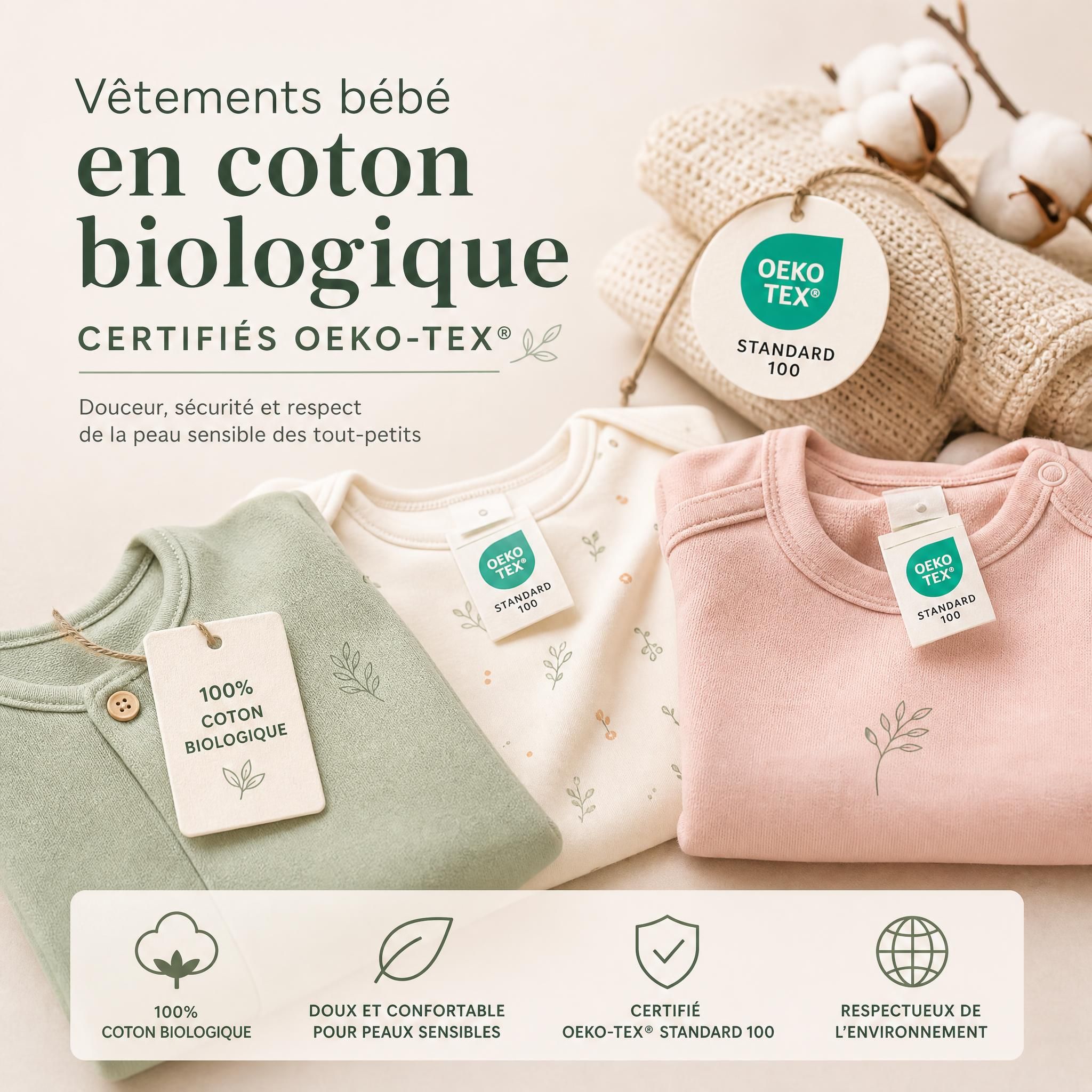 Vêtements bébé en coton biologique certifiés OEKO-TEX, coloris pastel doux, étiquettes de certification visibles
