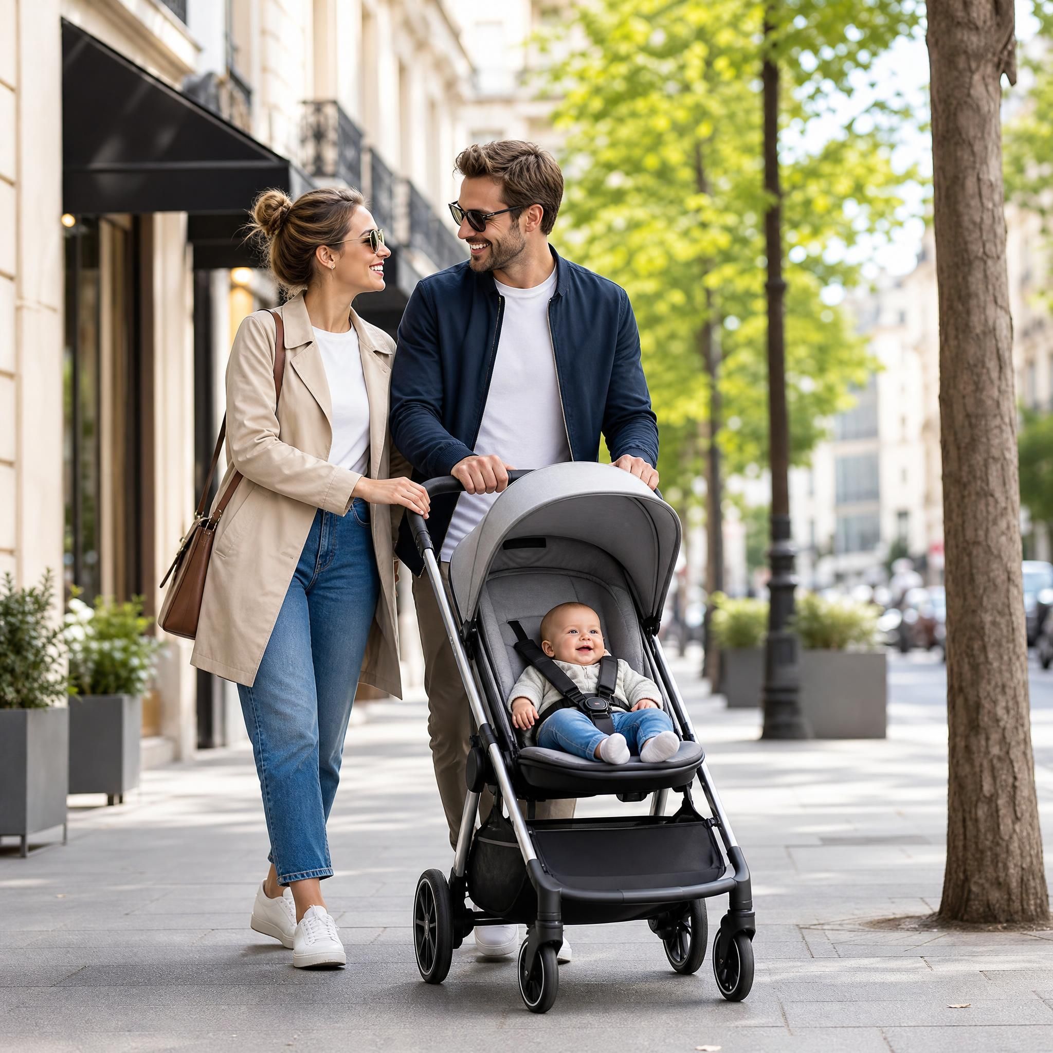 Parents promenant leur bébé avec une poussette moderne et légère en ville, sourires et complicité