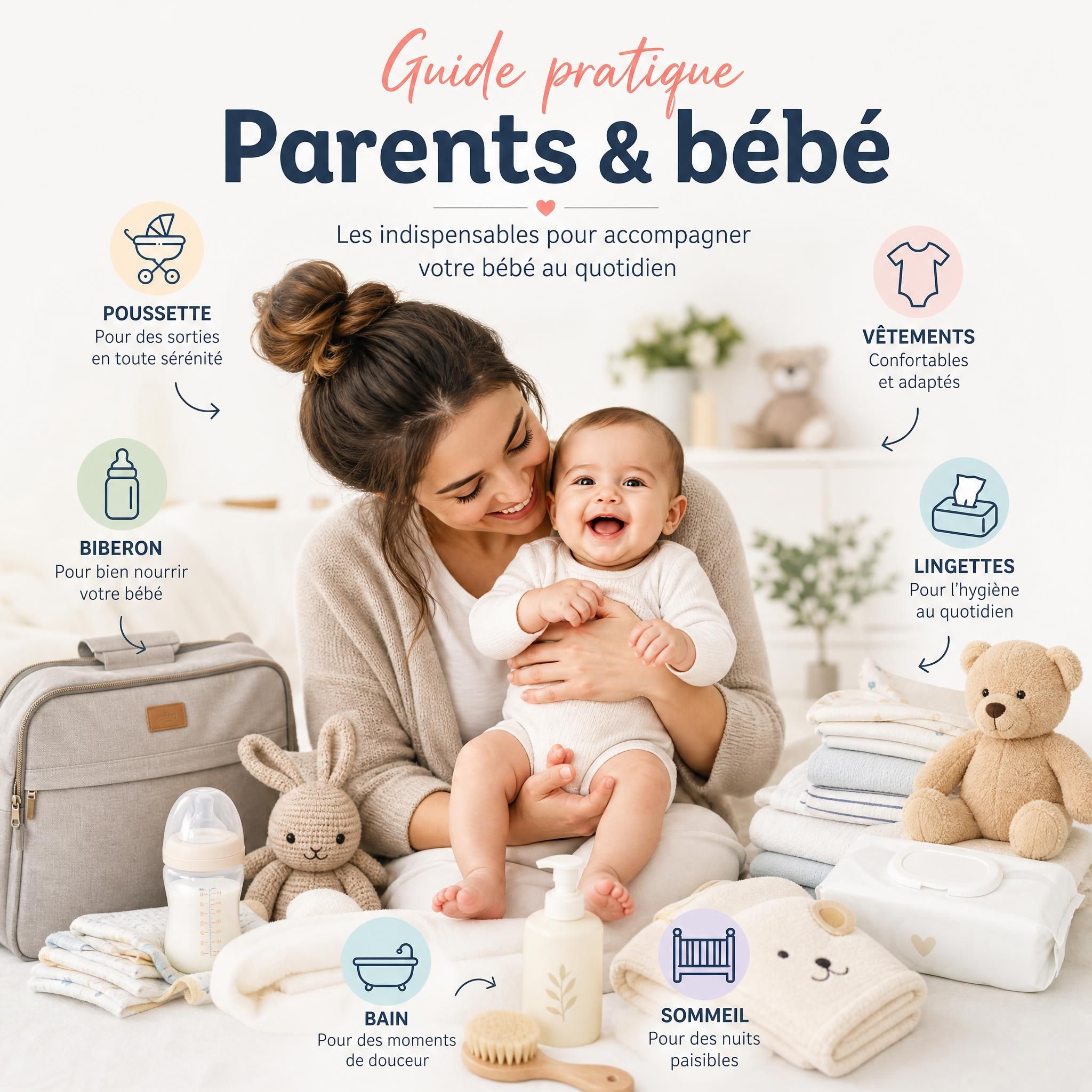 Guide pratique parents bébé - maman souriante avec son nourrisson entourée d'accessoires bébé indispensables