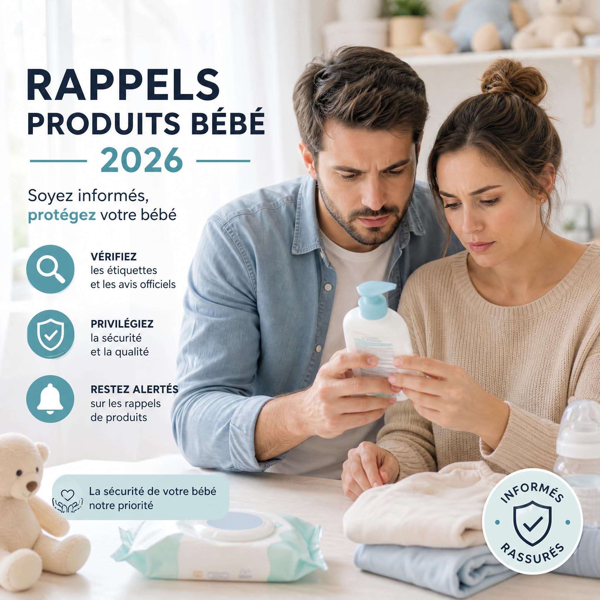 Parents inquiets vérifiant les étiquettes de produits bébé suite aux rappels 2026, fond lumineux rassurant