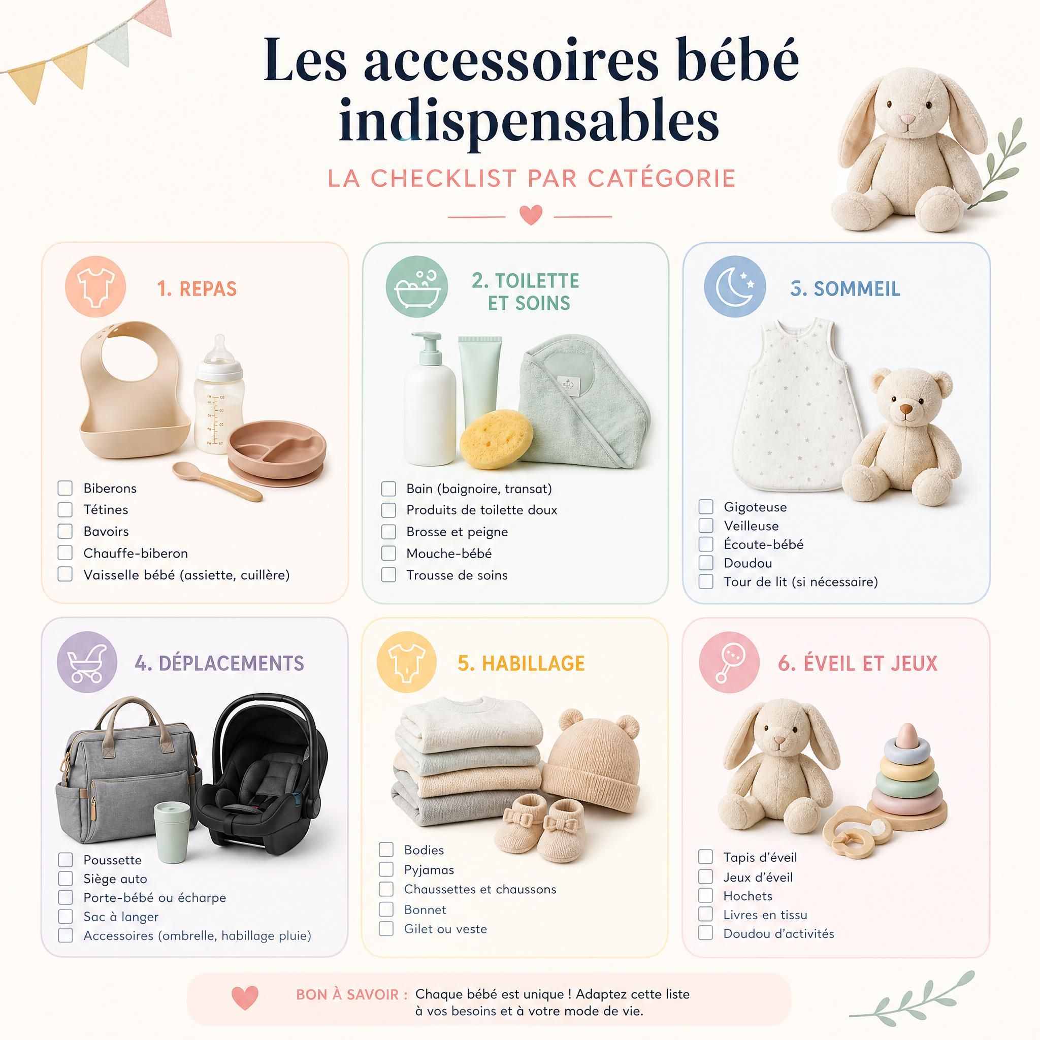 Checklist illustrée des accessoires bébé indispensables organisée par catégorie sur fond pastel
