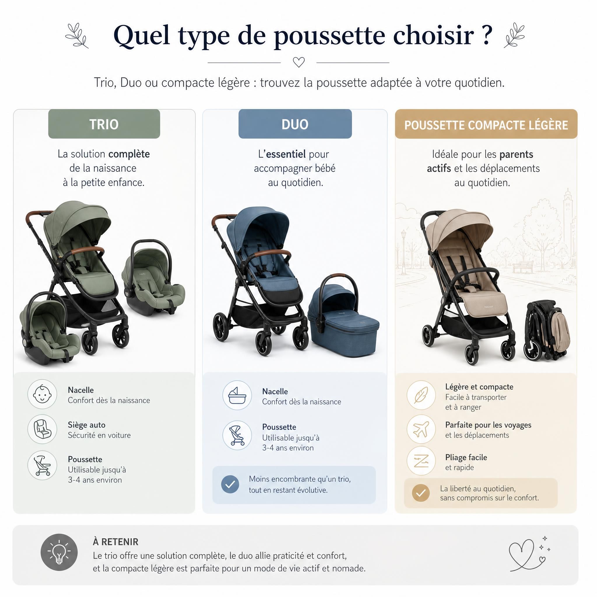 Comparatif visuel de trois types de poussettes bébé : trio, duo et poussette compacte légère